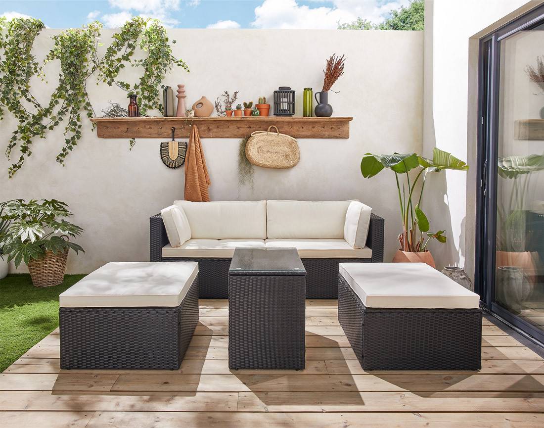 Best Mobilier - Otaki - salon bas de jardin modulable 5 places - résine tressée noire et coussins beiges - Best Mobilier - Image 10