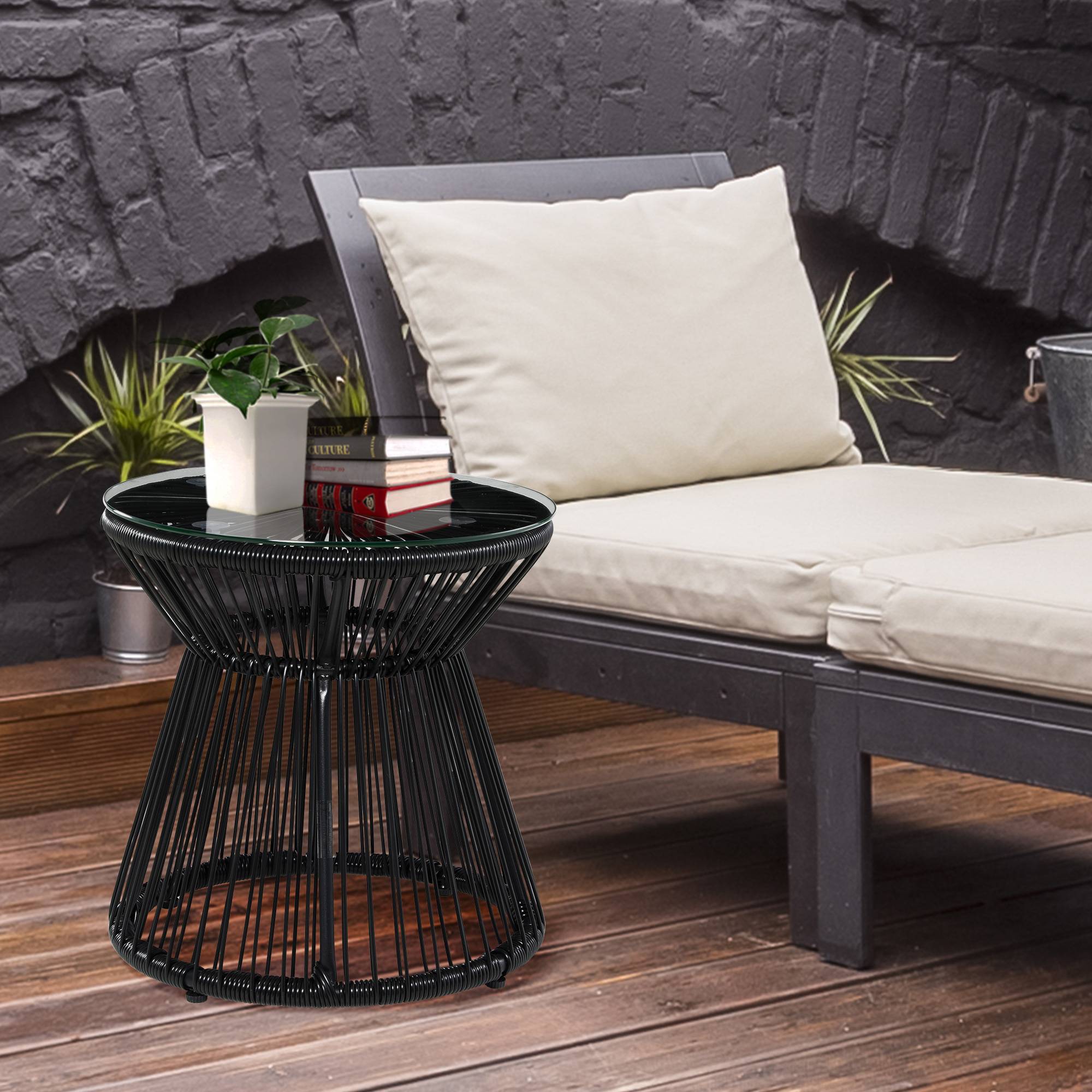 Table de jardin ronde en résine tressée imitation rotin table de bistrot métal plateau verre trempé Ø 40 x 42 cm noir - Image 4