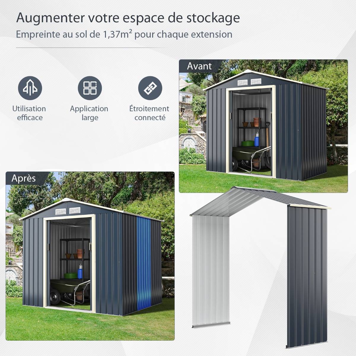 Abri pour Vélo Métal 1,36 ㎡ 213x64x195cm avec 2 Portes Verrouillables 4 Trous d'Aération Gris - Image 3