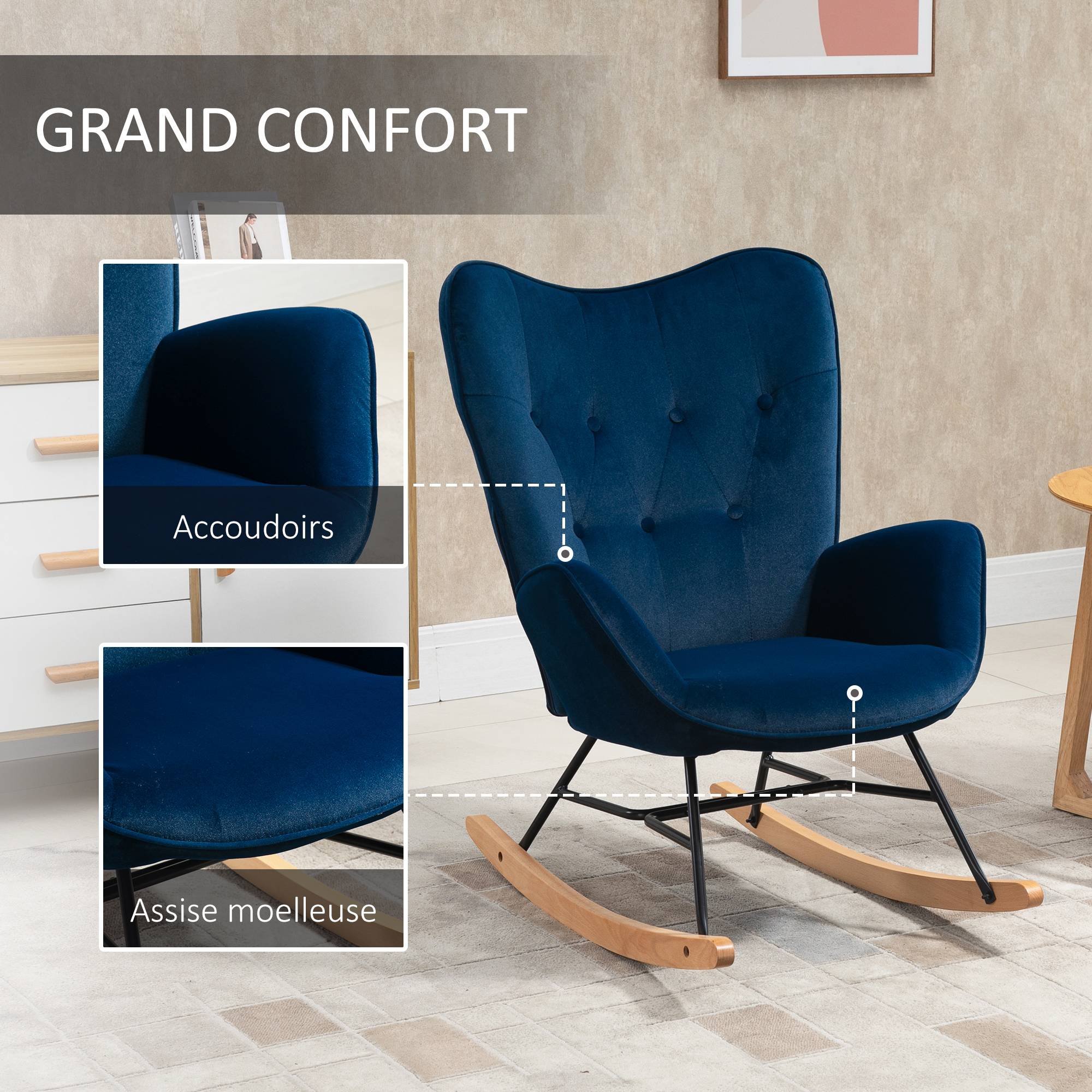 Fauteuil à Bascule, Rocking Chair, fauteuil allaitement confortable avec Structure en bois massif et métal pour Salon, Chambre, Balcon, Velours Bleu - Image 8