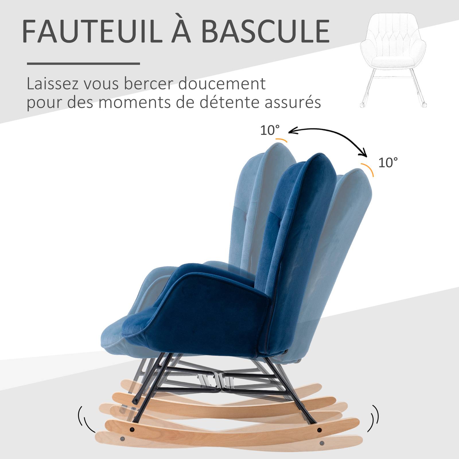 Fauteuil à Bascule, Rocking Chair, fauteuil allaitement confortable avec Structure en bois massif et métal pour Salon, Chambre, Balcon, Velours Bleu - Image 7