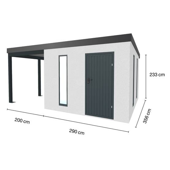 Abri de jardin en métal finition crépi 2900 x 3560 mm blanc avec auvent à gauche 2000 x 3560 mm anthracite - Image 1