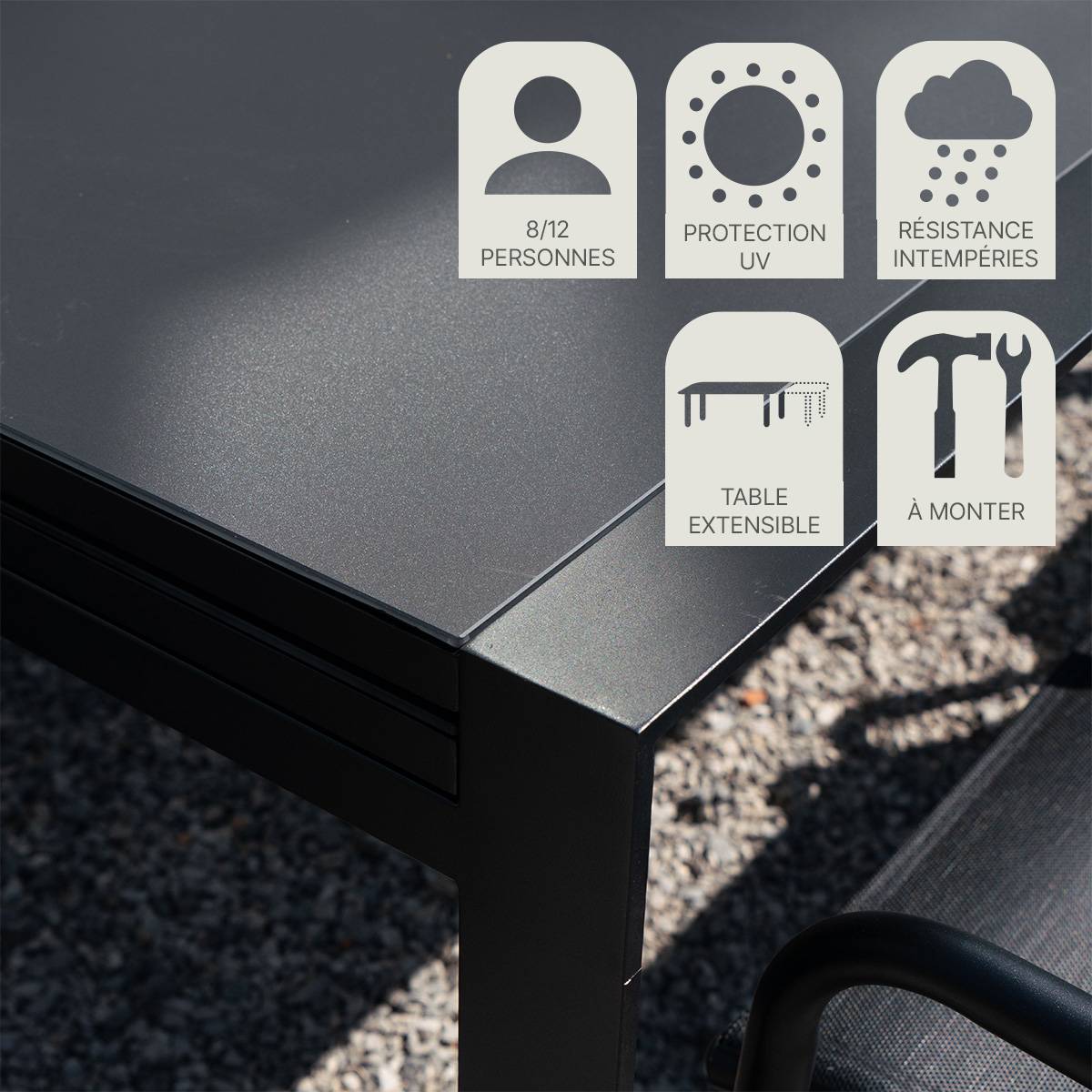 Wilsa Garden - Table de jardin en aluminium extensible et verre poli noir 8/12 places MODULO - Image 7