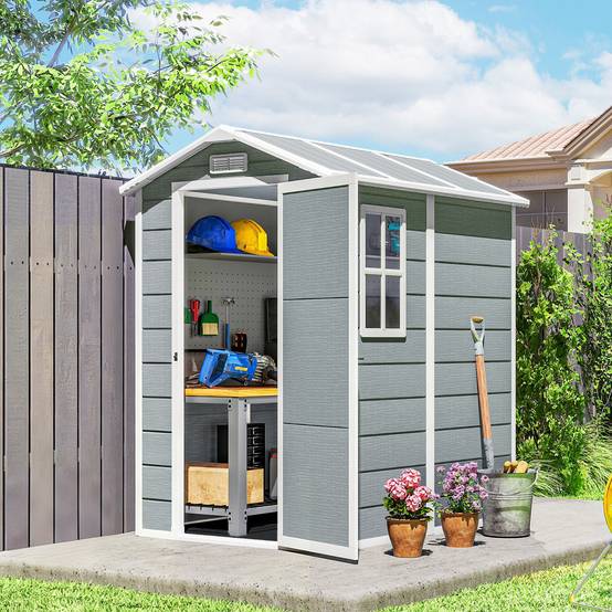 Sans Marque - Abri jardin plastique plancher fenêtre portes verrouillables jardin 131x186x198 cm gris - Image 4
