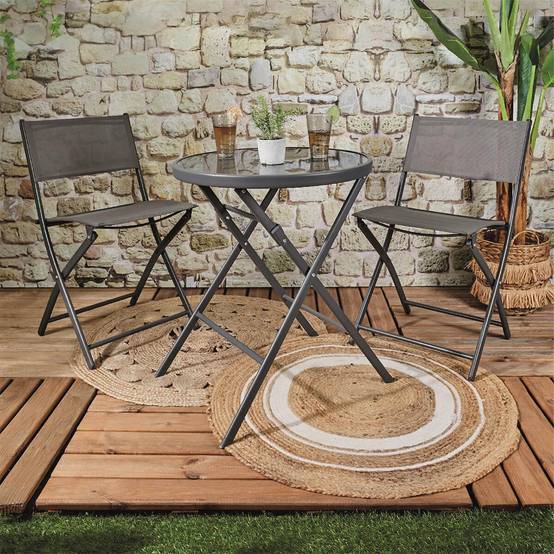 ALTOBUY - Table Pliante de Jardin Ronde Grise en Métal et Verre Trempé - SOHAN - Image 2