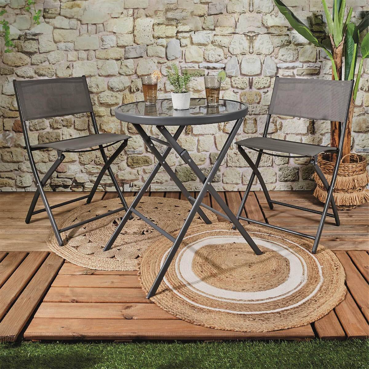 ALTOBUY - Table Pliante de Jardin Ronde Grise en Métal et Verre Trempé - SOHAN - Image 2