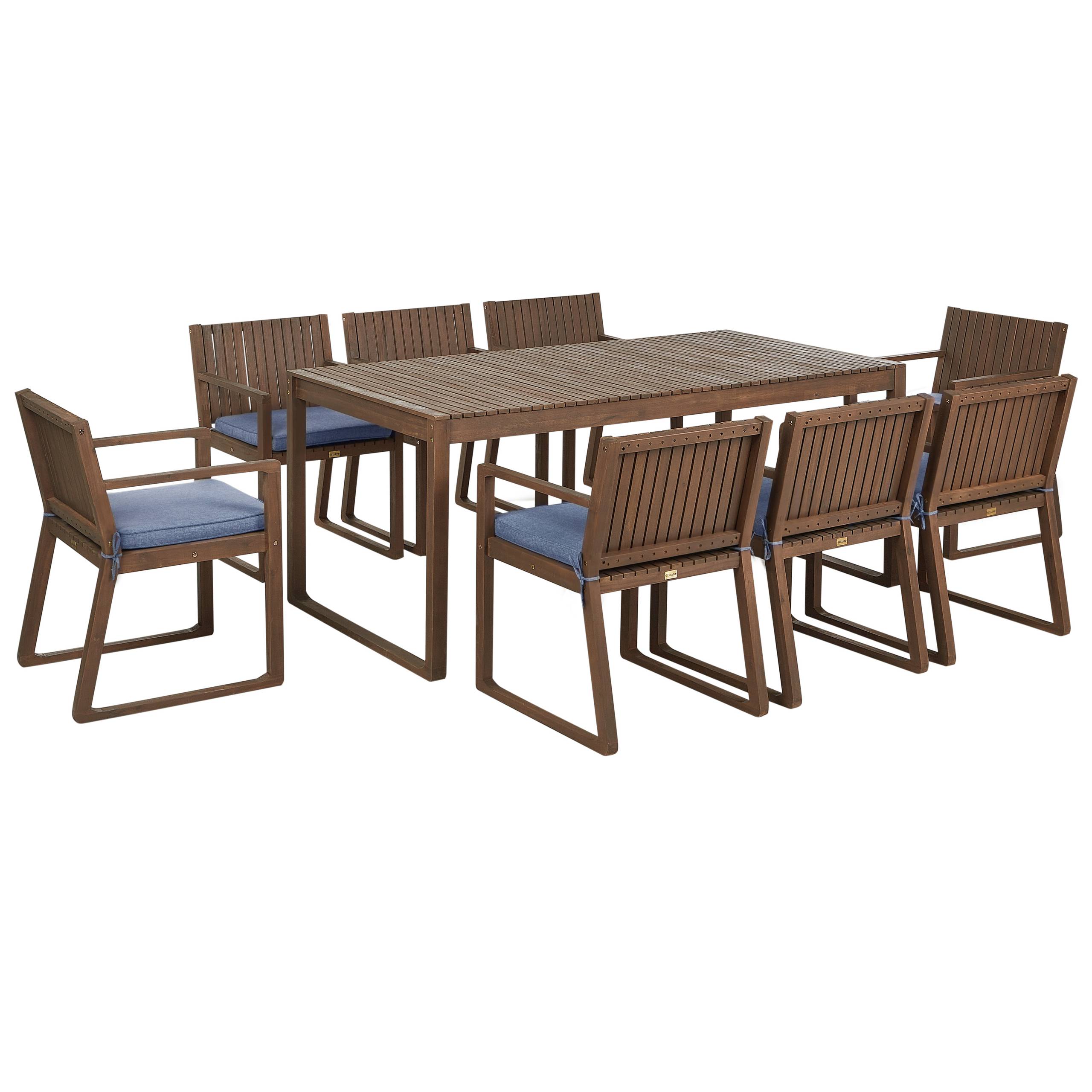 Beliani - Ensemble de Salle à Manger Extérieur Table en Bois d'Acacia Foncé 8 Chaises et Coussins Bleu Jardin Rustique - Image 1