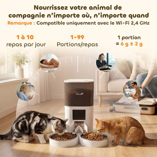 Distributeur croquettes chat automatique 6L double bol inox WiFi Tuya App ABS 37x36x35cm blanc - Image 6