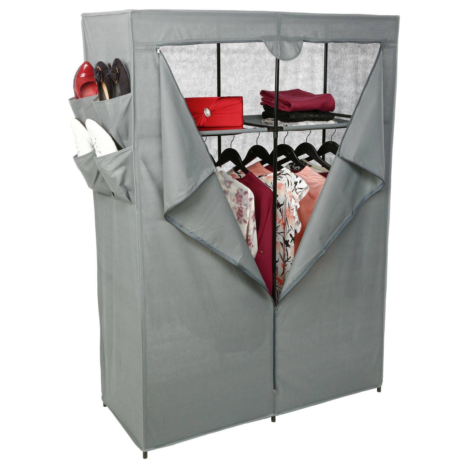 Armoire en tissu avec 2 penderies, 2 étagères et poches de rangement - Gris anthracite - Five Simply Smart - Image 1