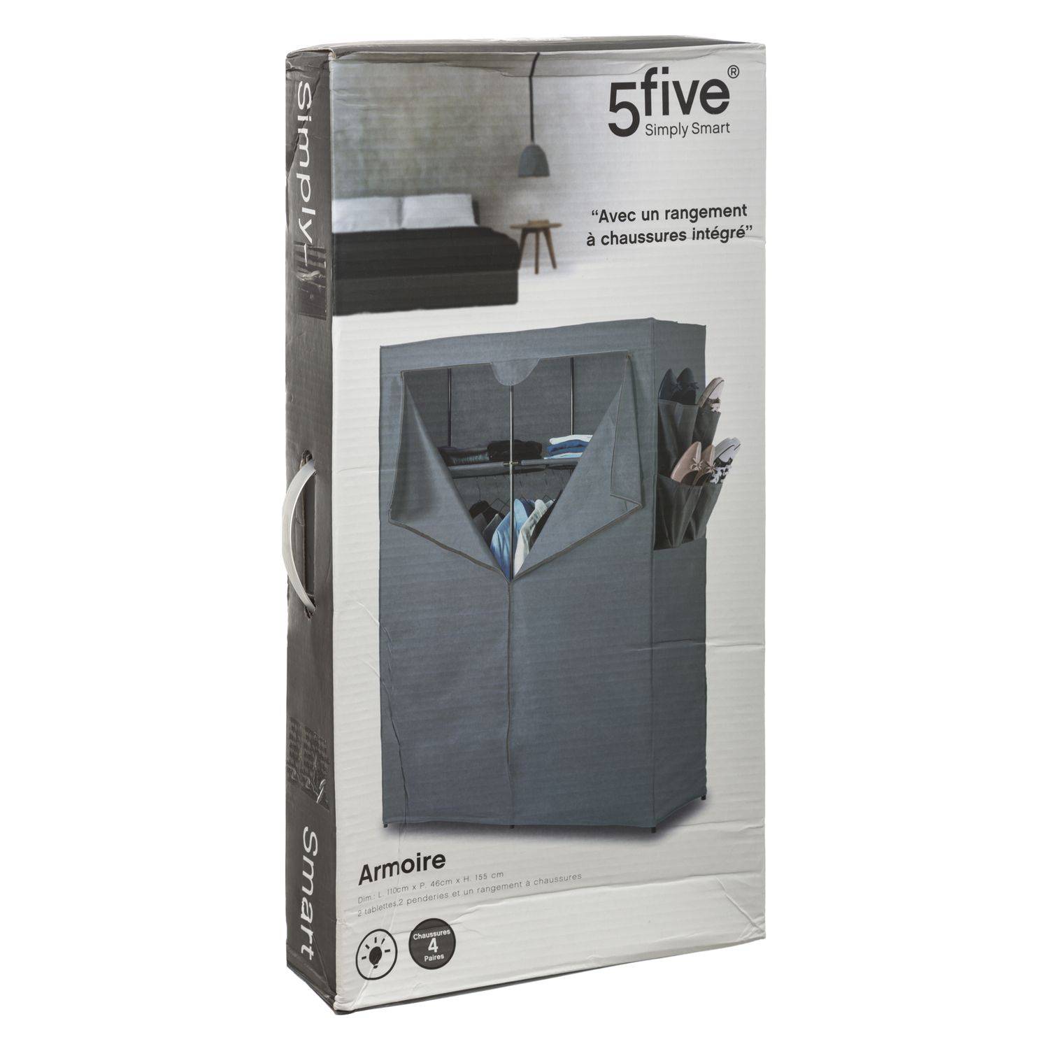 Armoire en tissu avec 2 penderies, 2 étagères et poches de rangement - Gris anthracite - Five Simply Smart - Image 4