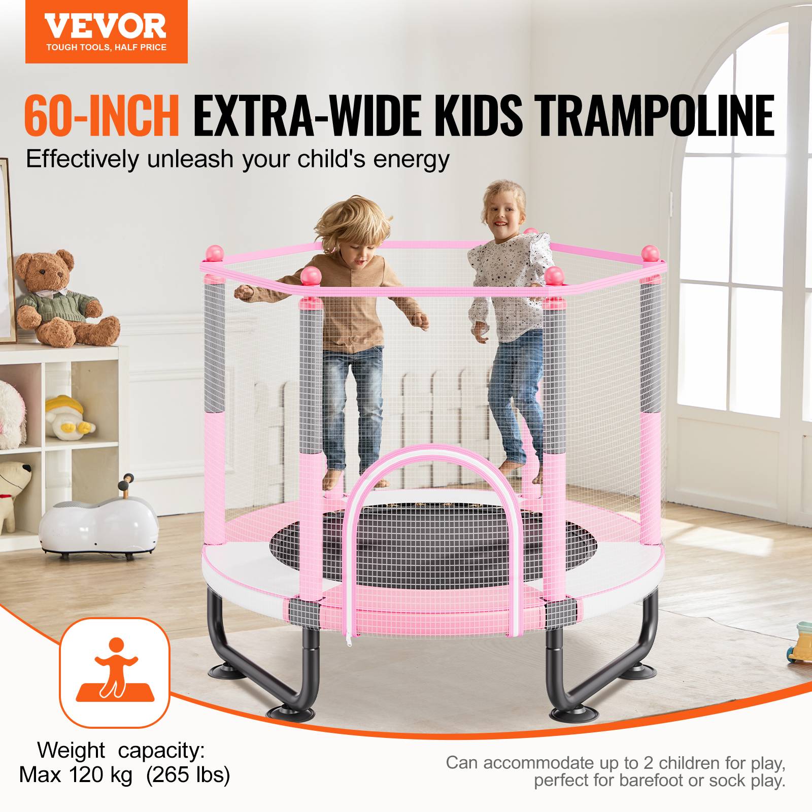Vevor - VEVOR mini trampoline enfant 1545 mm, filet de sécurité 360°, panier de basket et balle, pour enfants 3+ ans, rose - Image 2