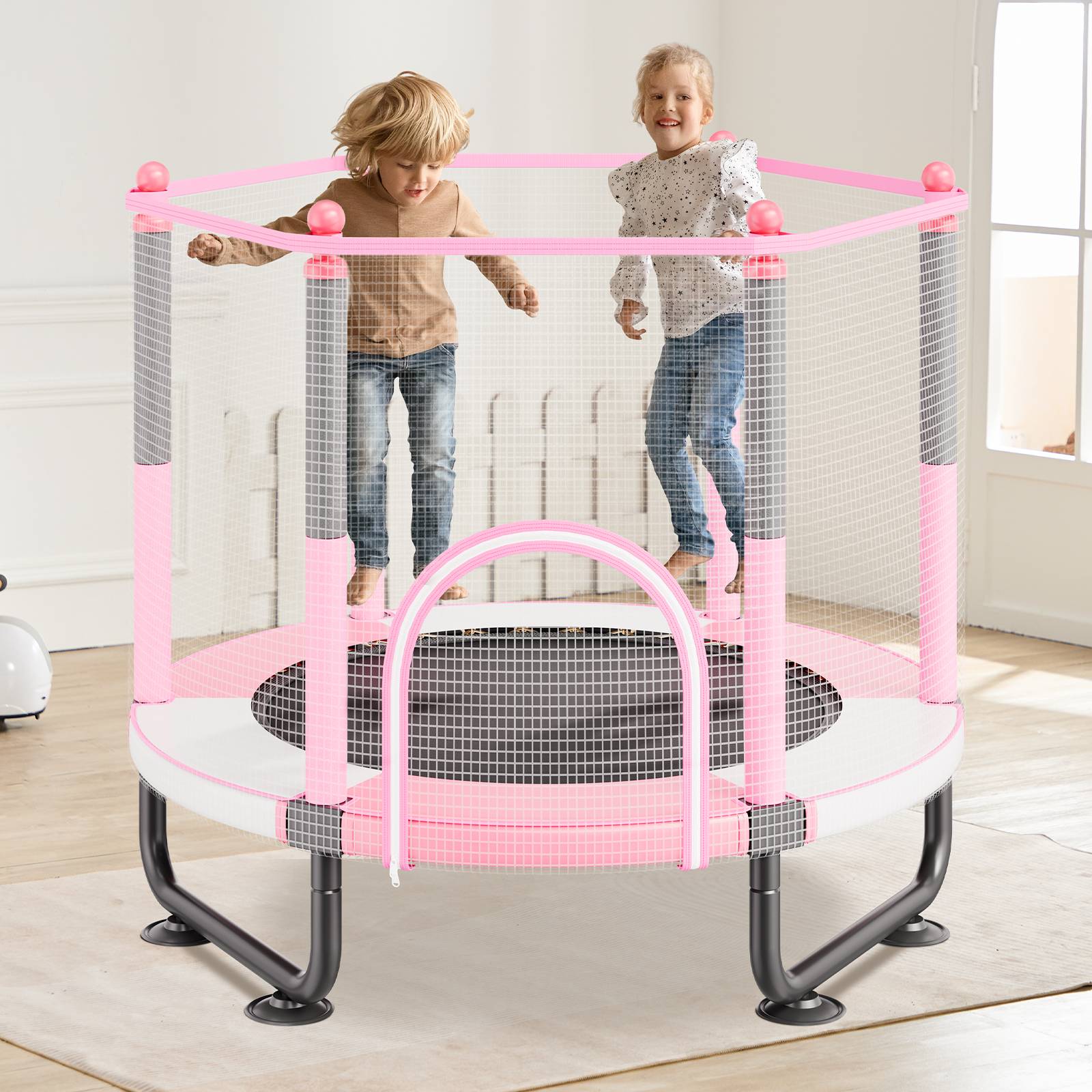 Vevor - VEVOR mini trampoline enfant 1545 mm, filet de sécurité 360°, panier de basket et balle, pour enfants 3+ ans, rose - Image 8