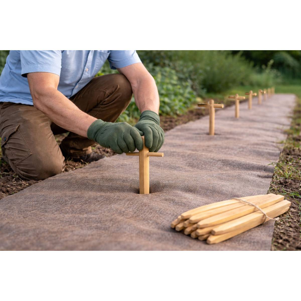 Kit Toile de paillage Papier Kraft 0.9 x 20m + 60 Piquets Bois fixation Paillage Autodégradable Anti mauvaises herbes Jardin - Image 2