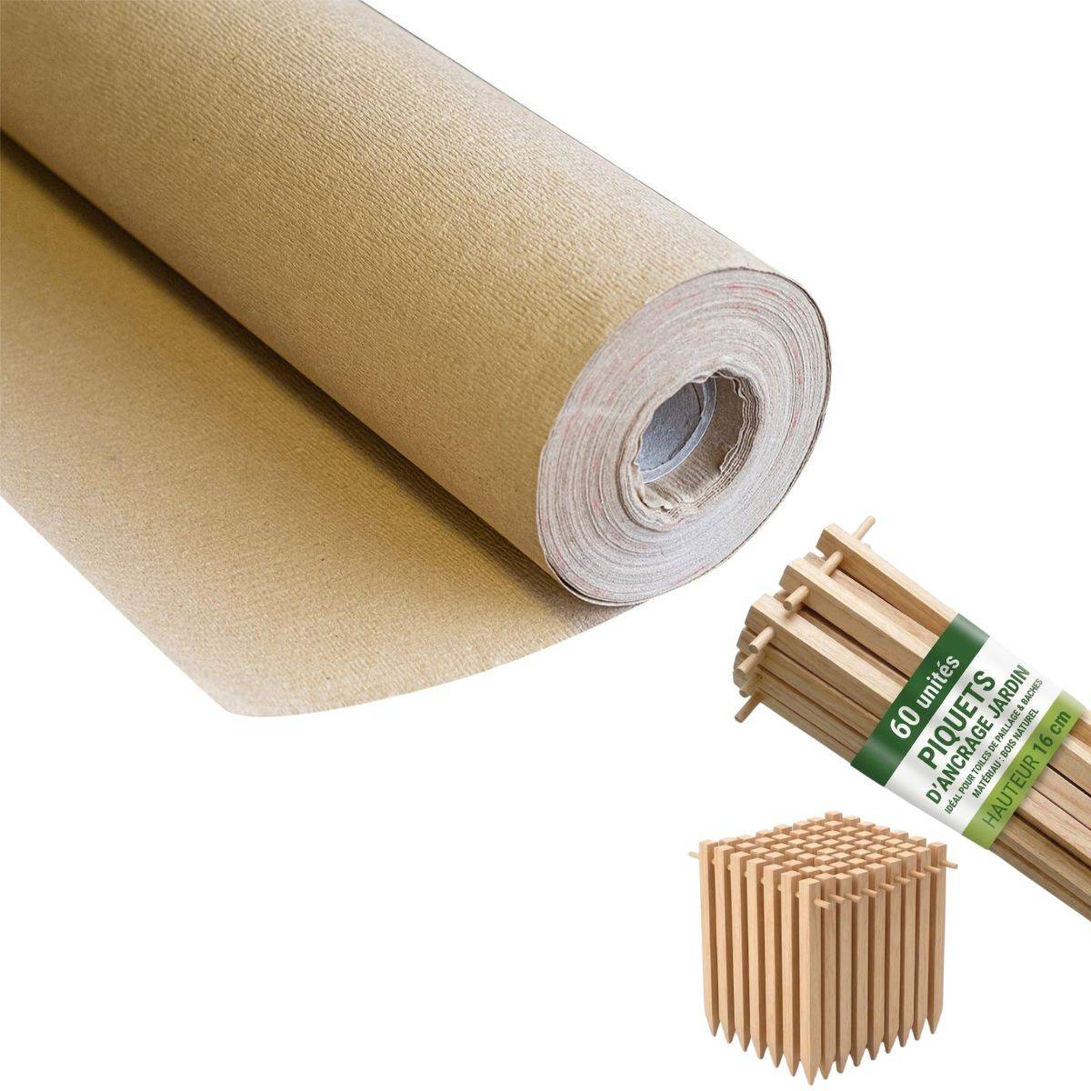 Kit Toile de paillage Papier Kraft 0.9 x 20m + 60 Piquets Bois fixation Paillage Autodégradable Anti mauvaises herbes Jardin - Image 1