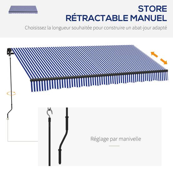 Store banne manuel rétractable store pour balcon inclinaison réglable manivelle cadre en aluminium polyester bleu blanc - Image 6