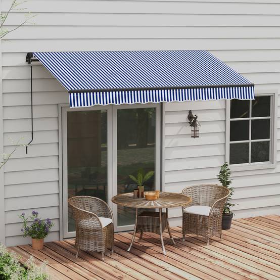 Store banne manuel rétractable store pour balcon inclinaison réglable manivelle cadre en aluminium polyester bleu blanc - Image 4