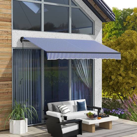 Store banne manuel rétractable store pour balcon inclinaison réglable manivelle cadre en aluminium polyester bleu blanc - Image 3