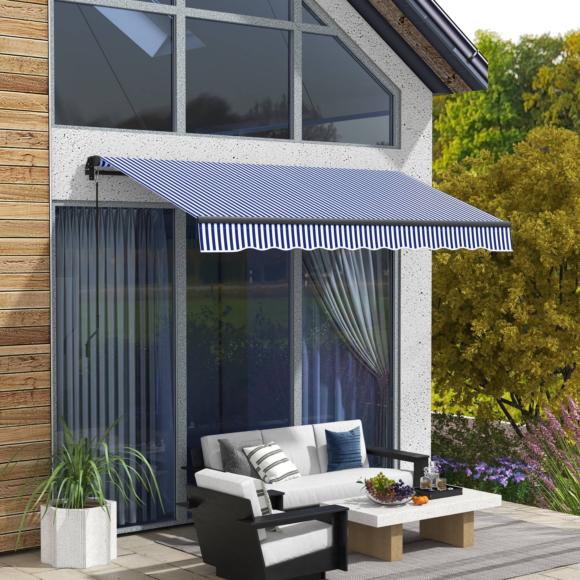 Store banne manuel rétractable store pour balcon inclinaison réglable manivelle cadre en aluminium polyester bleu blanc - Image 3