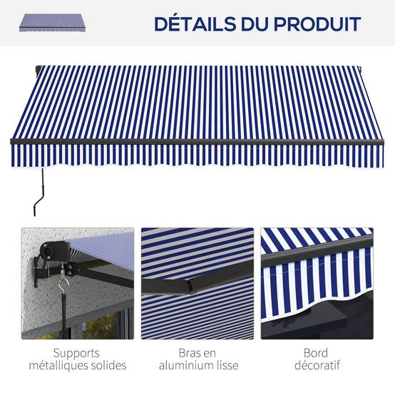 Store banne manuel rétractable store pour balcon inclinaison réglable manivelle cadre en aluminium polyester bleu blanc - Image 10