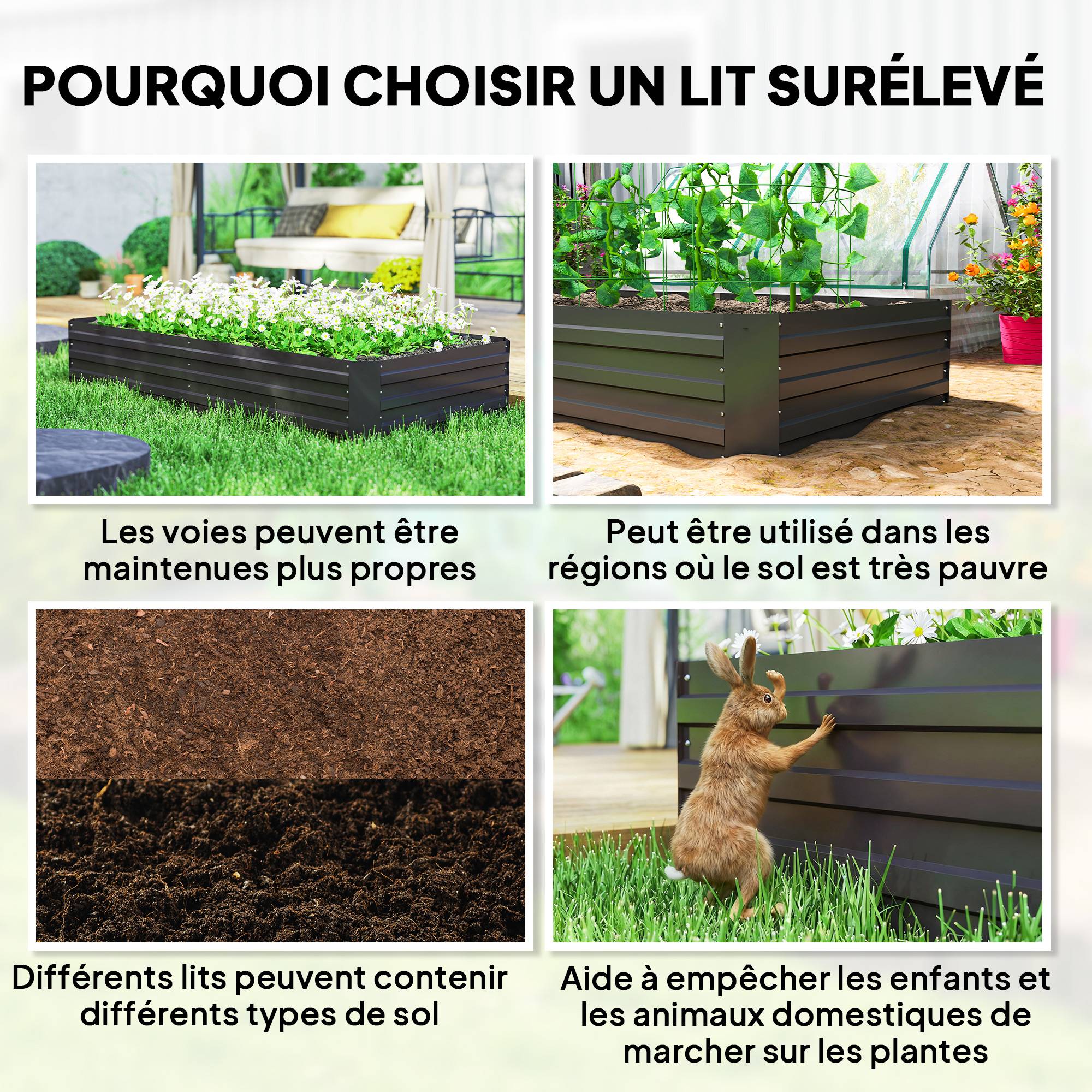 Sans Marque - Carré potager jardinière rectangulaire en acier galvanisé tuteurs pour tomates et plantes grimpantes 180 x 90 x 29,5 cm - Image 9