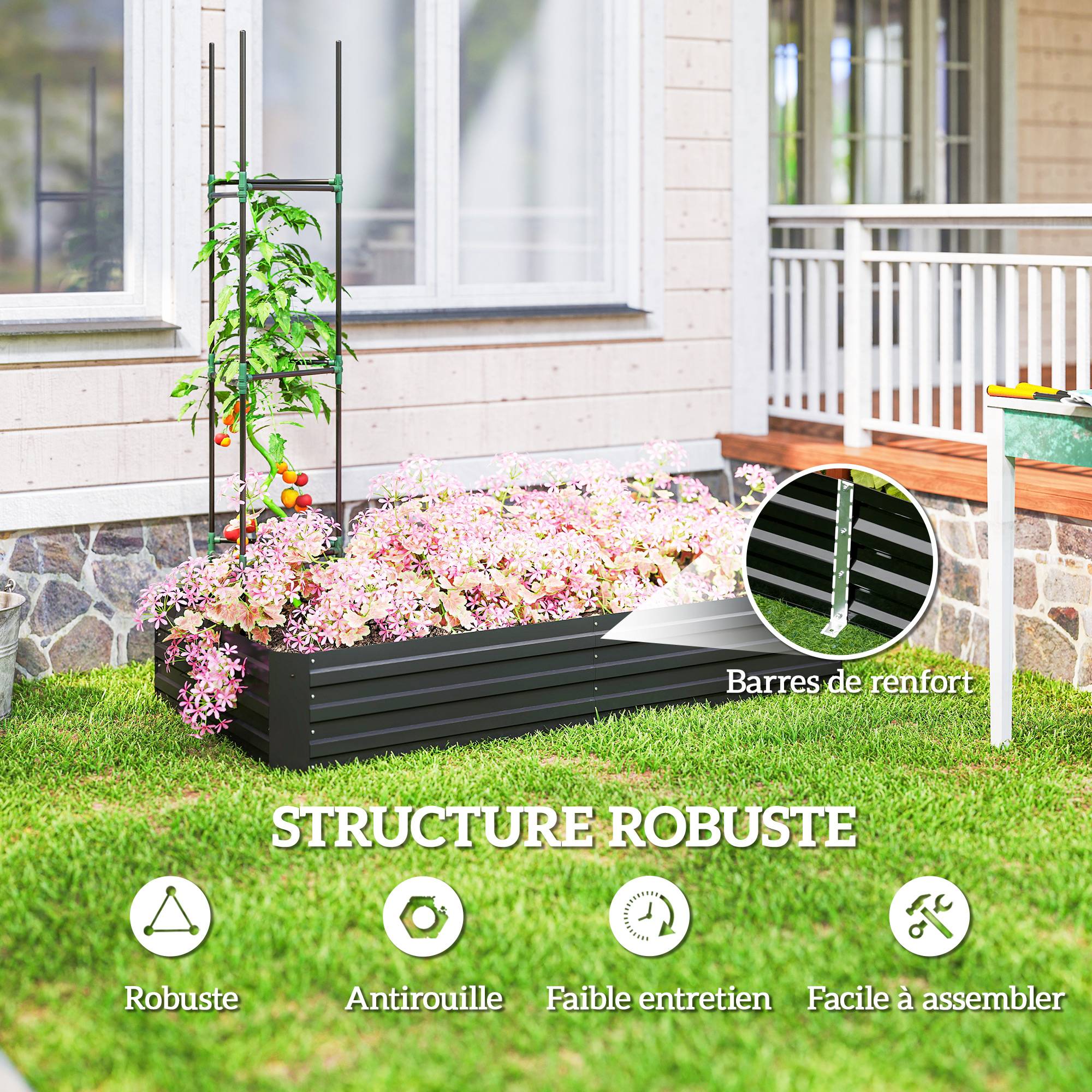 Sans Marque - Carré potager jardinière rectangulaire en acier galvanisé tuteurs pour tomates et plantes grimpantes 180 x 90 x 29,5 cm - Image 7