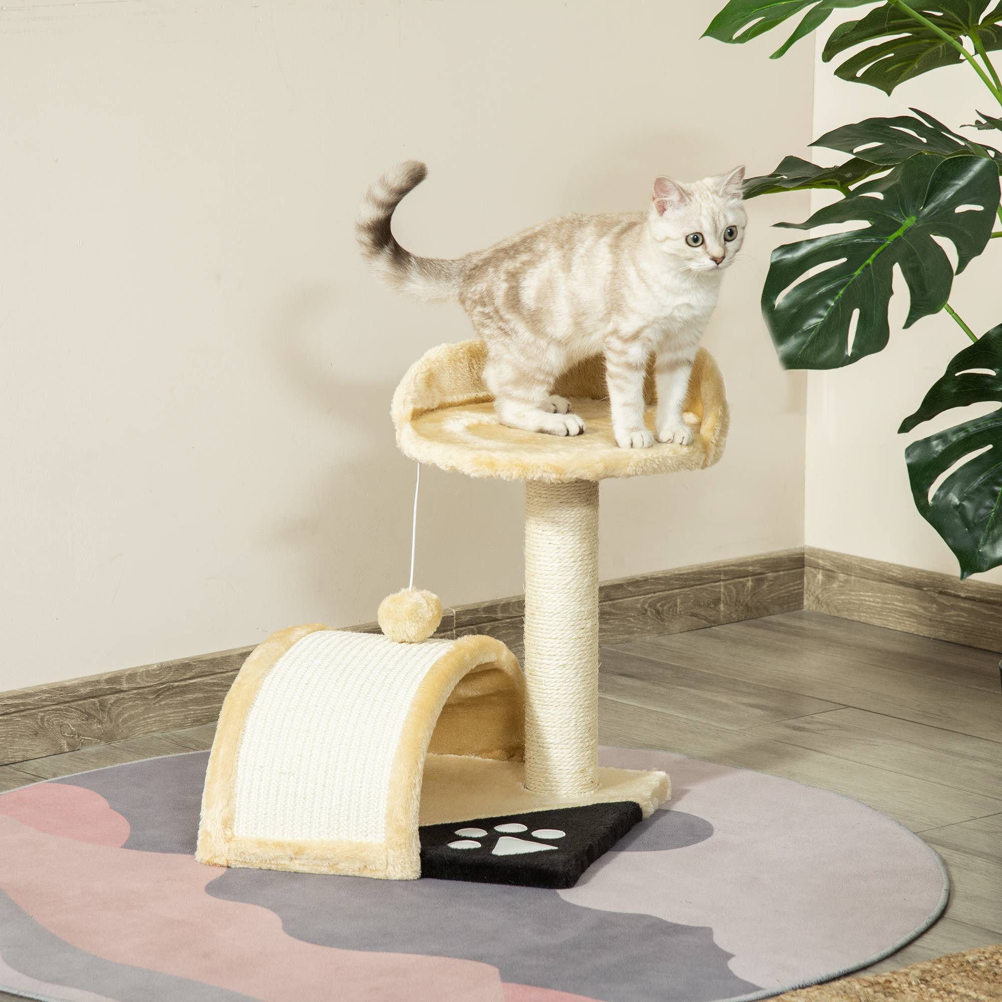 Arbre à chat beige 35,5x37x46 cm, petits chats, 2 niveaux, griffoir, planche, plateformes, balle, compact - Image 3