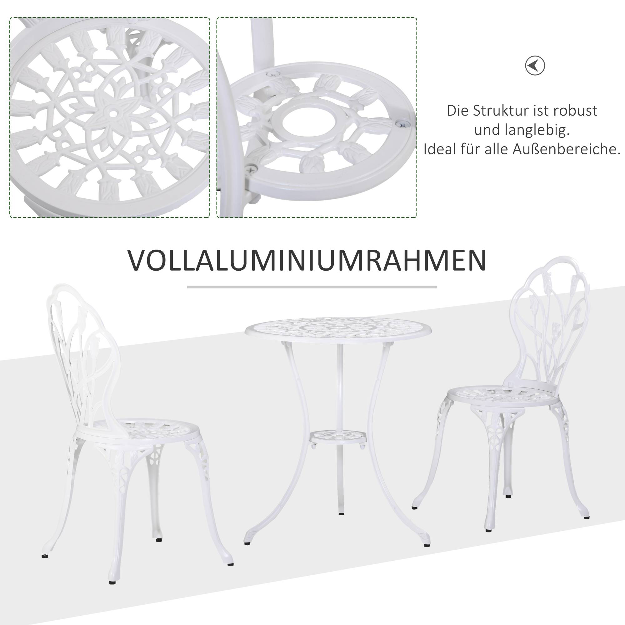 Ensemble de salle à manger pour 2 personnes, mobilier de jardin : 1 table + 2 chaises avec trou pour parasol, aluminium, blanc - Image 7