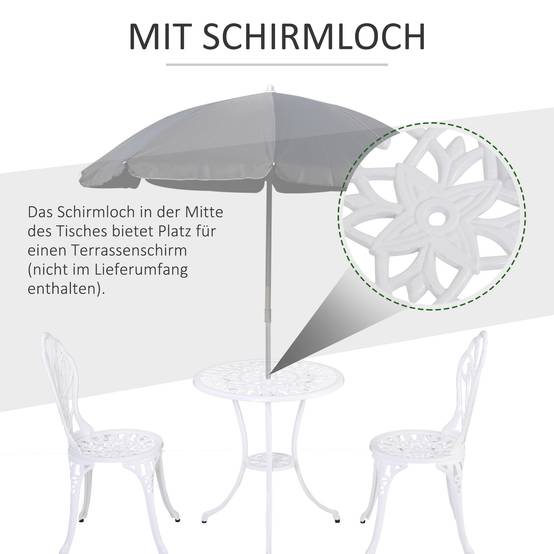 Ensemble de salle à manger pour 2 personnes, mobilier de jardin : 1 table + 2 chaises avec trou pour parasol, aluminium, blanc - Image 8