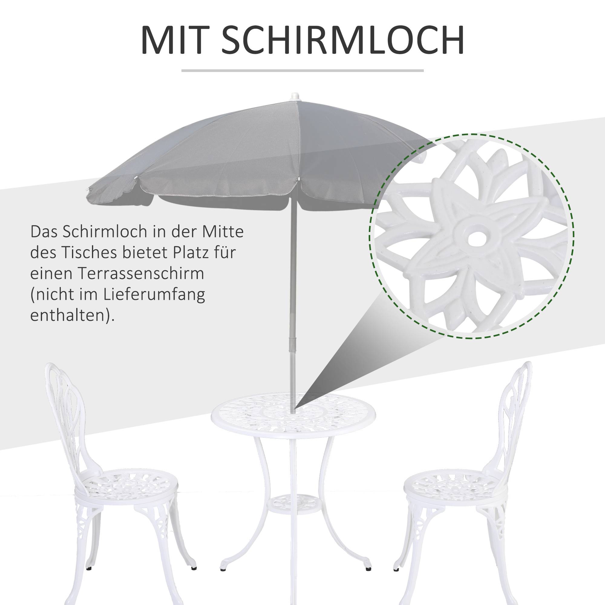 Ensemble de salle à manger pour 2 personnes, mobilier de jardin : 1 table + 2 chaises avec trou pour parasol, aluminium, blanc - Image 8
