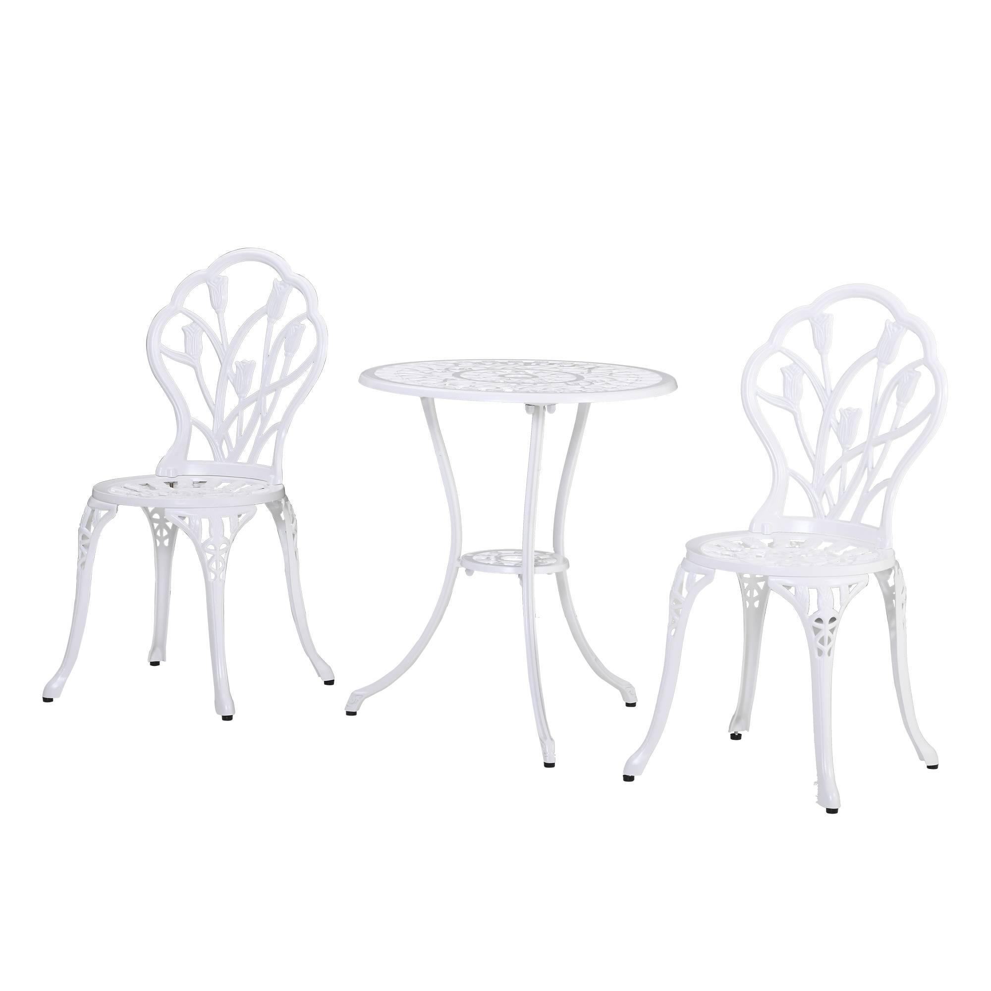 Ensemble de salle à manger pour 2 personnes, mobilier de jardin : 1 table + 2 chaises avec trou pour parasol, aluminium, blanc - Image 2