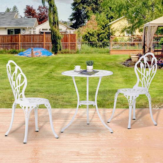 Ensemble de salle à manger pour 2 personnes, mobilier de jardin : 1 table + 2 chaises avec trou pour parasol, aluminium, blanc - Image 4