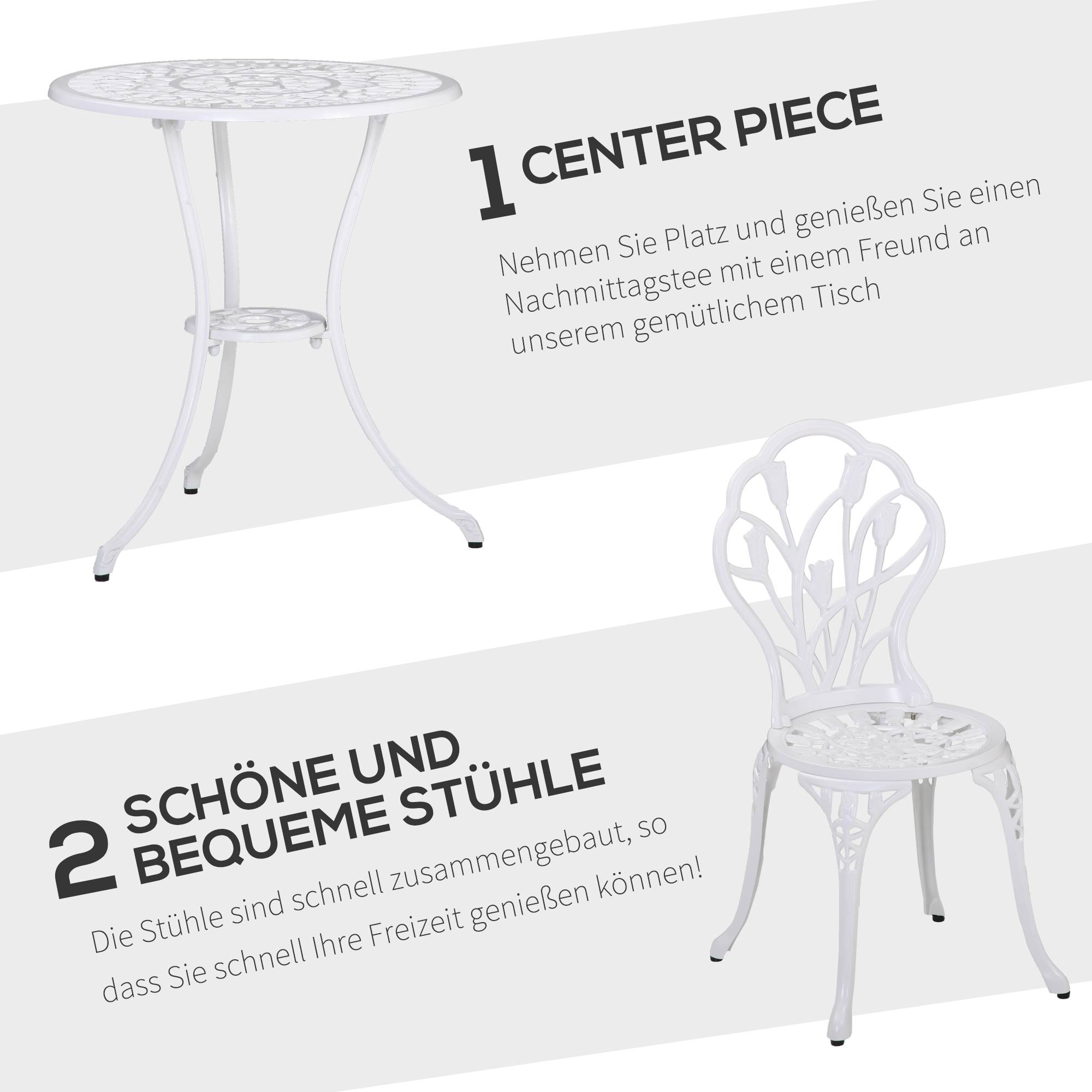 Ensemble de salle à manger pour 2 personnes, mobilier de jardin : 1 table + 2 chaises avec trou pour parasol, aluminium, blanc - Image 6