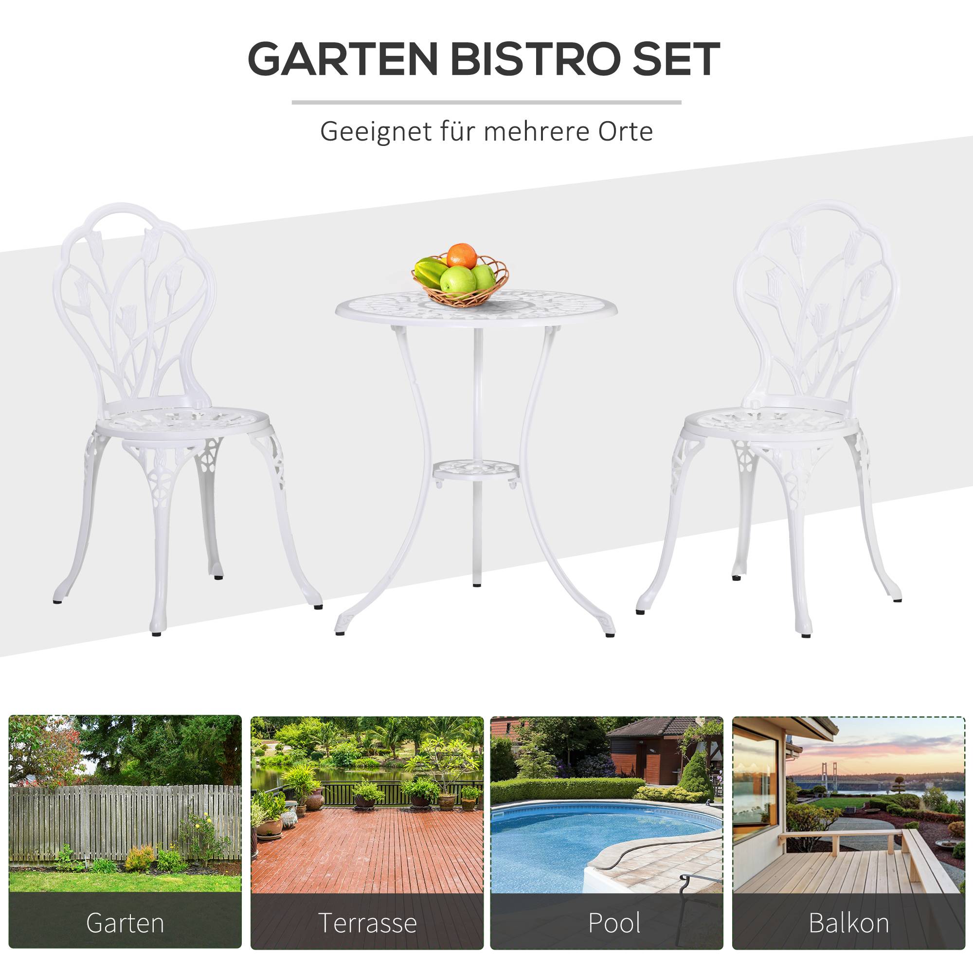 Ensemble de salle à manger pour 2 personnes, mobilier de jardin : 1 table + 2 chaises avec trou pour parasol, aluminium, blanc - Image 9