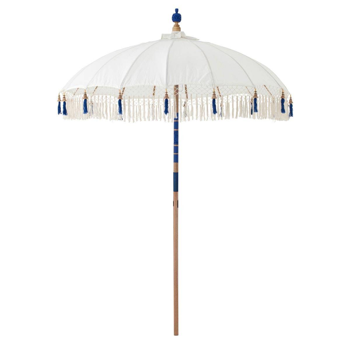 J-Line - Parasol Rond à Franges "Flavie" 180cm Écru & Bleu - Image 1