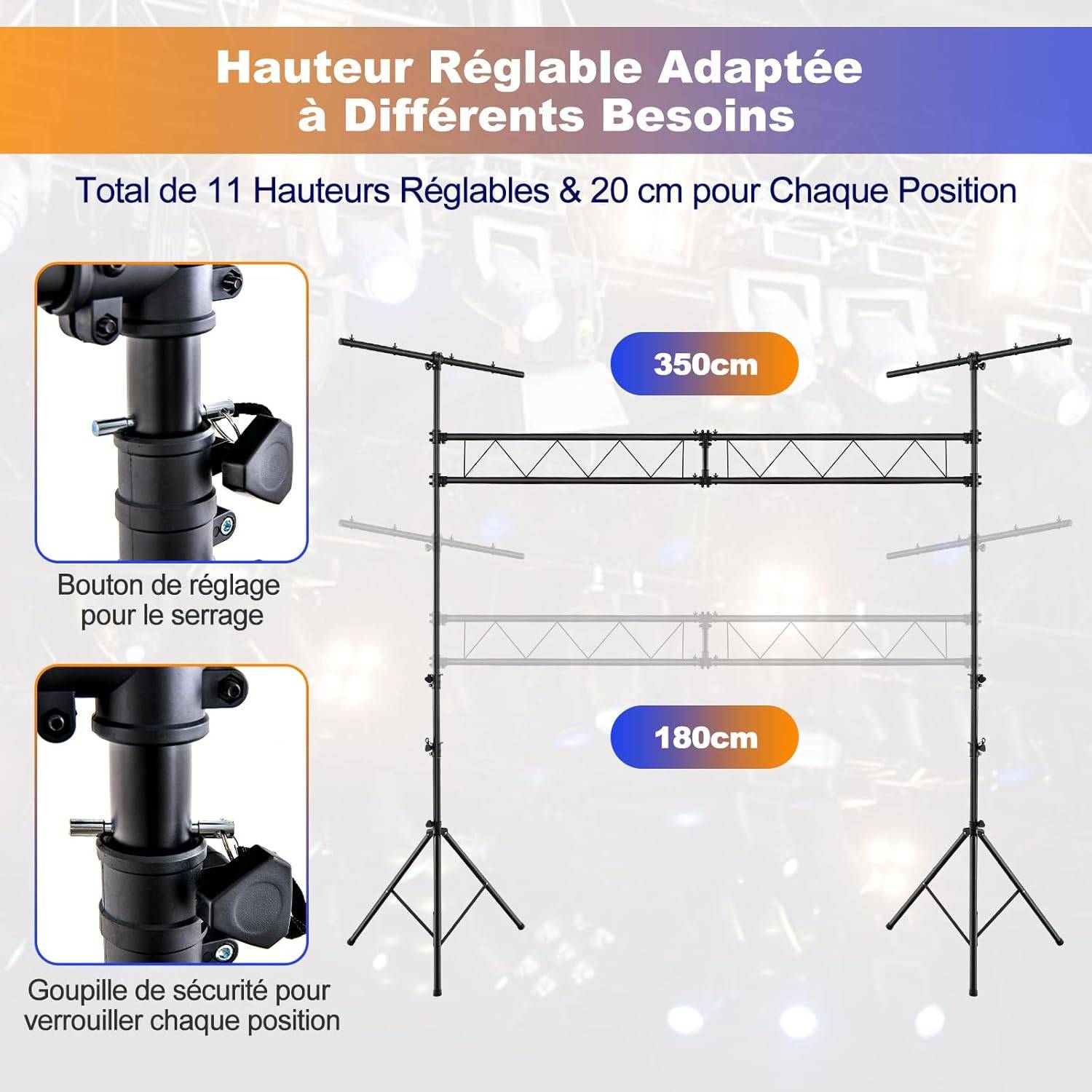 Support d'Éclairage LED avec Hauteur Réglable 180 à 350 cm Charge 100KG, pour Scène Concerts - Image 3