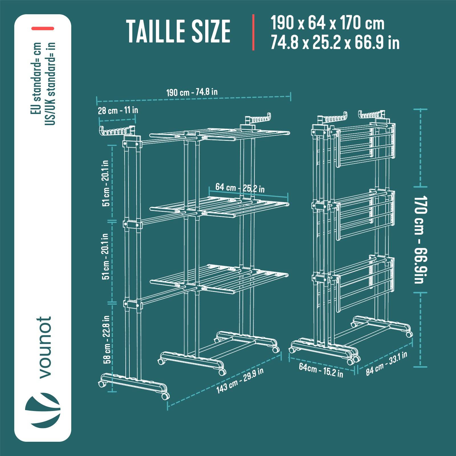 Vounot - Étendoir à linge extensible pliable 190x64x170cm, Séchoir 4 niveaux grande capacité avec roulettes, Gris blanc, VOUNOT® - Image 3