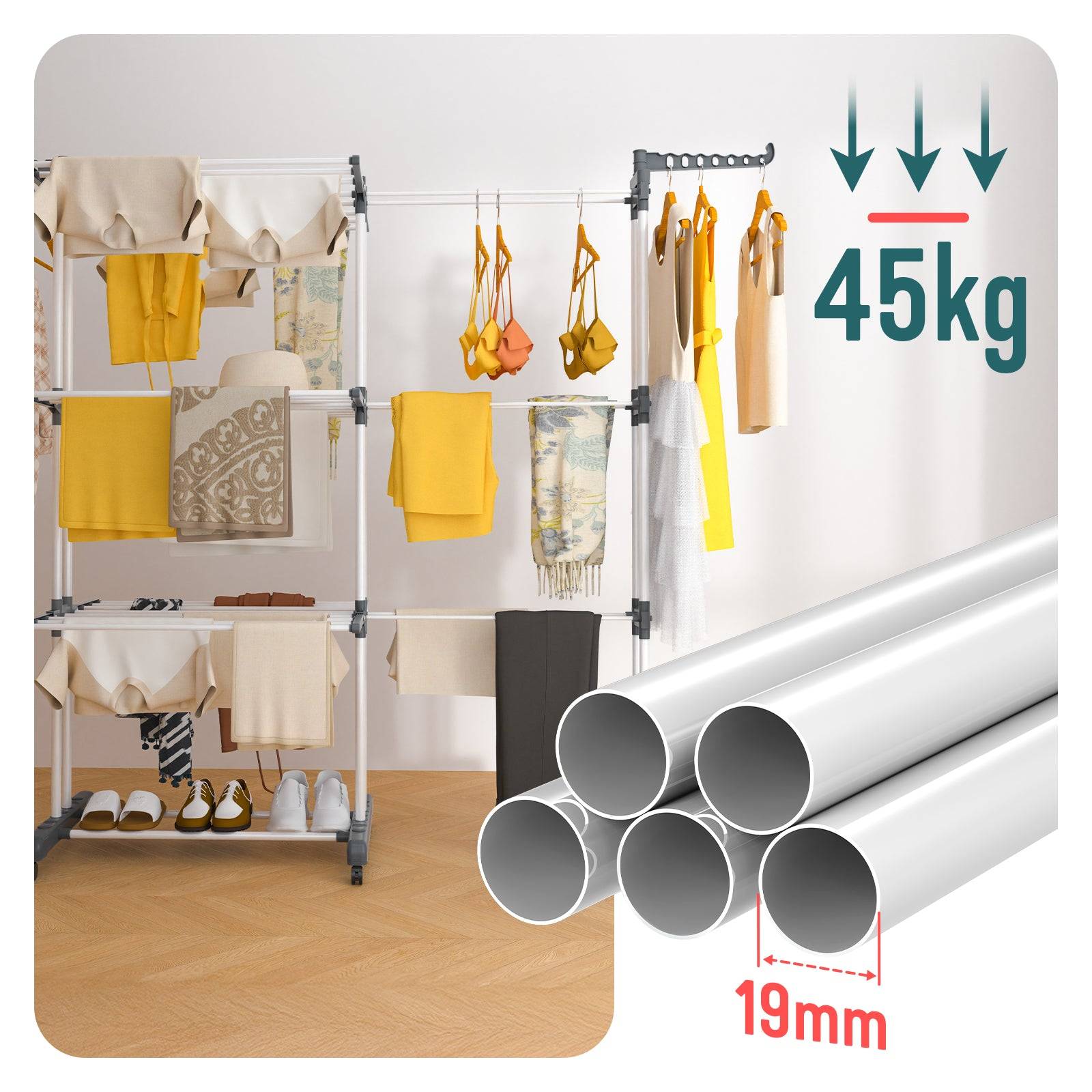 Vounot - Étendoir à linge extensible pliable 190x64x170cm, Séchoir 4 niveaux grande capacité avec roulettes, Gris blanc, VOUNOT® - Image 7