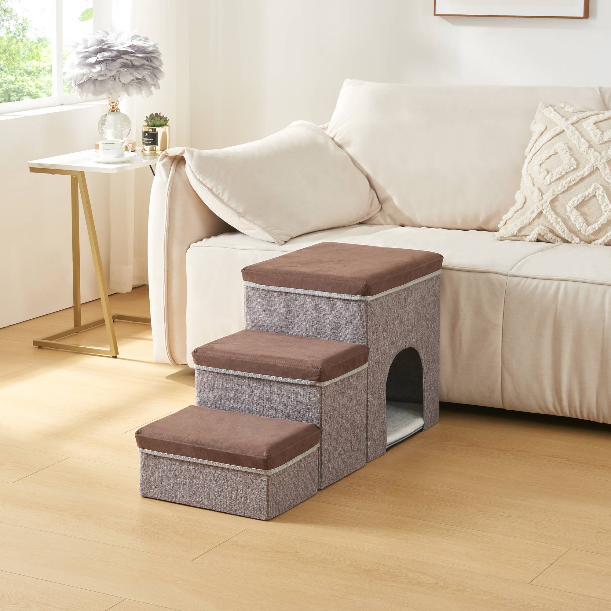 Escalier à 3 marches pour animaux domestiques Vojens 76 x 33 x 43 cm avec niche marron foncé gris [en.casa] - Image 2