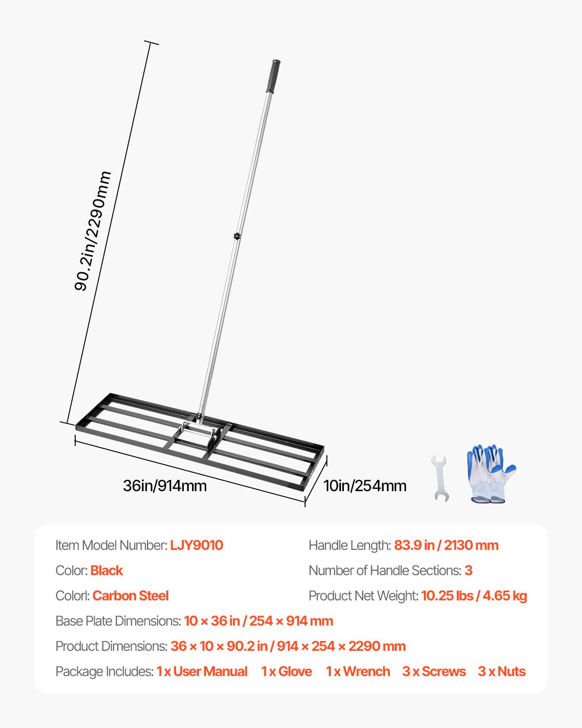 VEVOR Rateau nivellement pelouse, 914x254x2290 mm, manche 2130 mm. Acier carbone, jardin. - Image 7