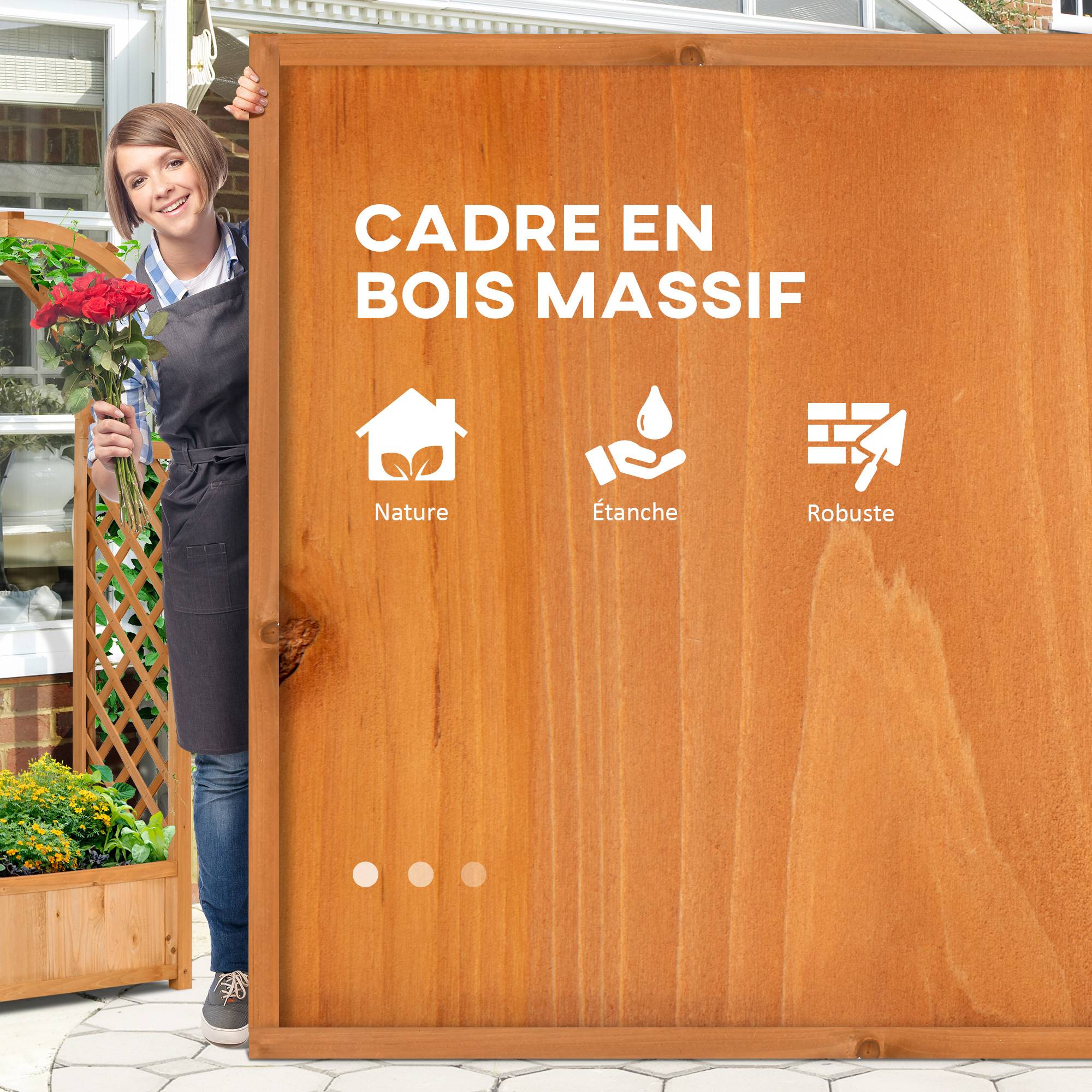 Jardinière rectangulaire sur pied avec treillis et arche - 83 x 36 x 152 cm - fond à lattes - bois sapin pré-huilé - Image 8