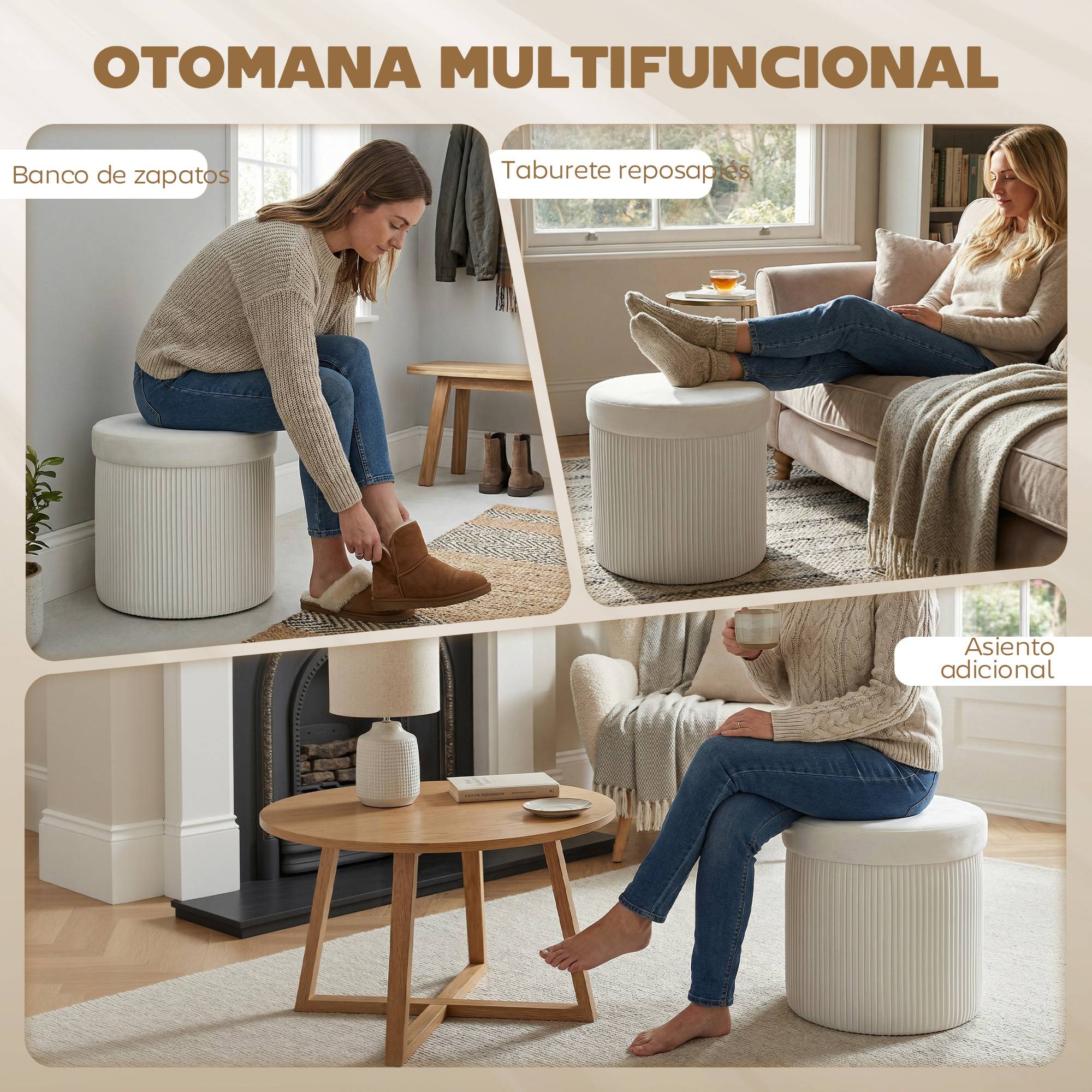 Banc coffre ottoman de rangement, coffre de rangement pliable, 35 L, 38 x 38 x 38 cm, revêtement en velours, coffre de rangement rond crème - Image 9