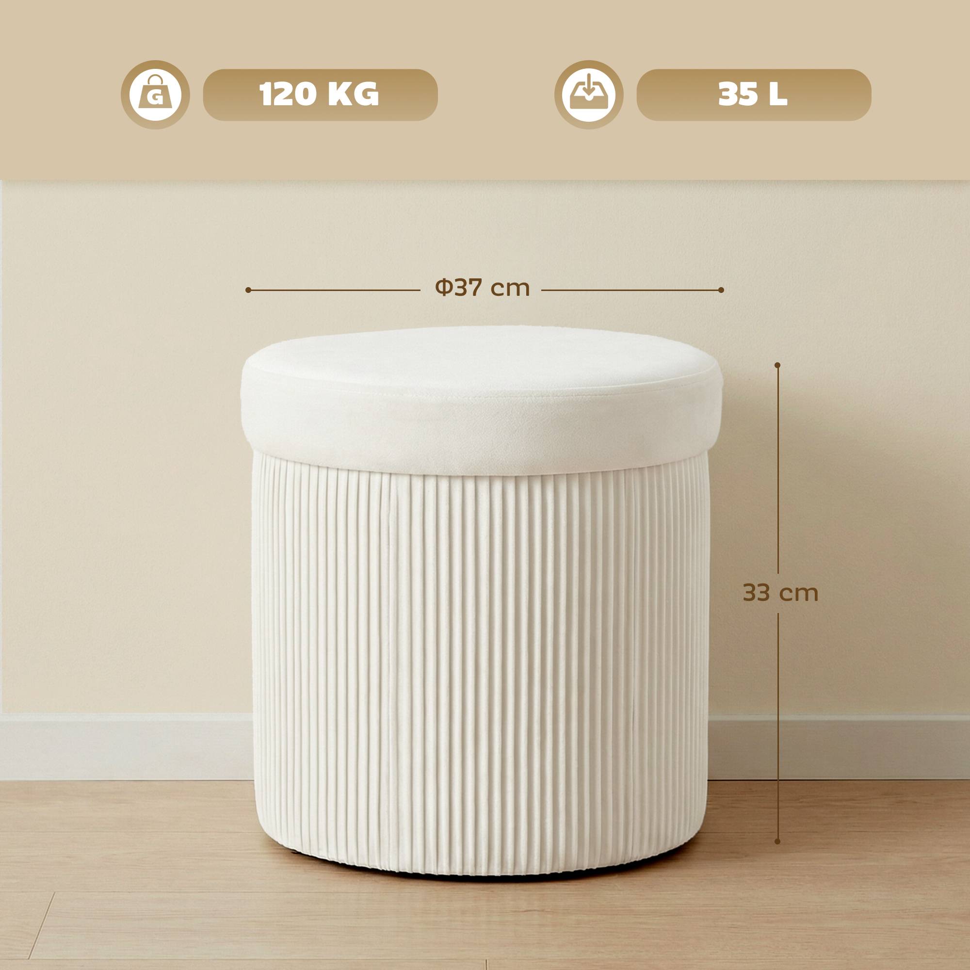 Banc coffre ottoman de rangement, coffre de rangement pliable, 35 L, 38 x 38 x 38 cm, revêtement en velours, coffre de rangement rond crème - Image 5
