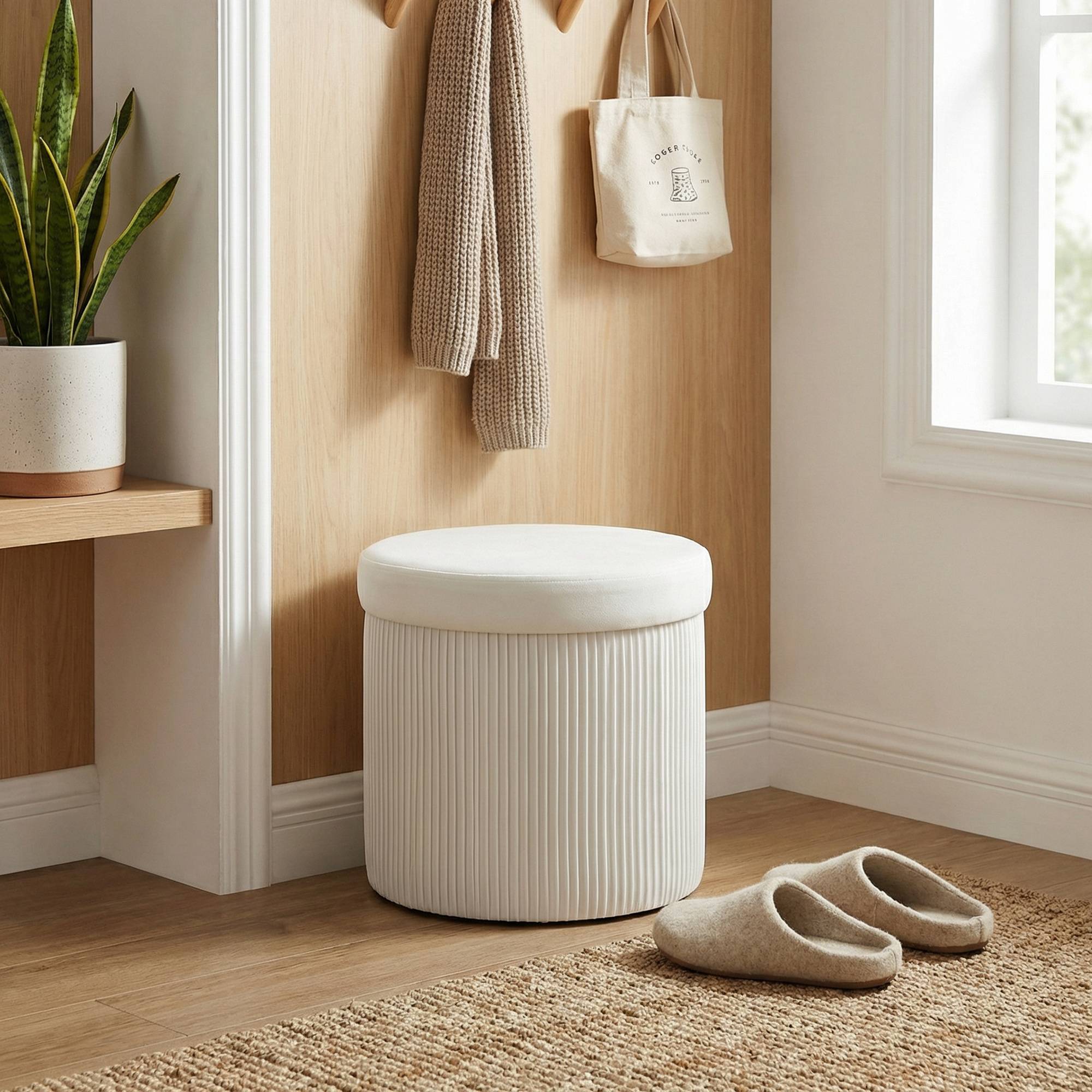 Banc coffre ottoman de rangement, coffre de rangement pliable, 35 L, 38 x 38 x 38 cm, revêtement en velours, coffre de rangement rond crème - Image 3