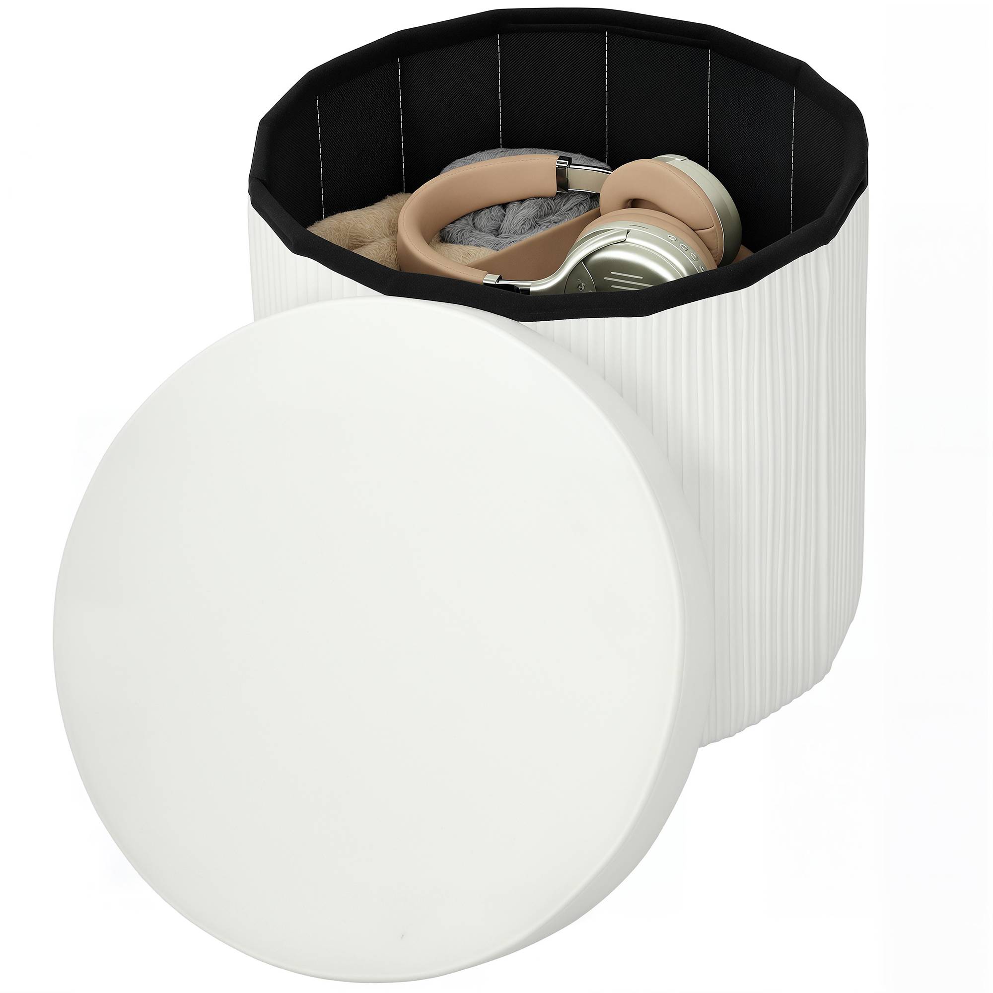 Banc coffre ottoman de rangement, coffre de rangement pliable, 35 L, 38 x 38 x 38 cm, revêtement en velours, coffre de rangement rond crème - Image 2