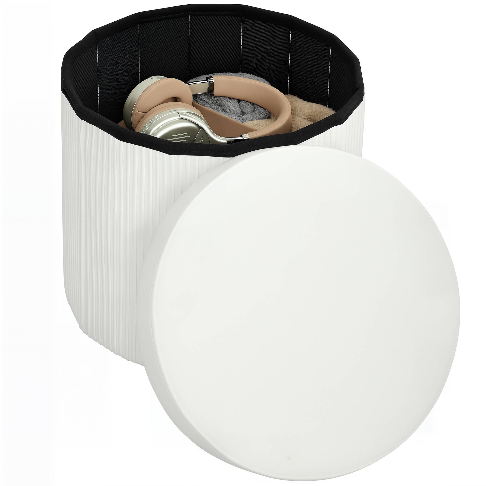 Banc coffre ottoman de rangement, coffre de rangement pliable, 35 L, 38 x 38 x 38 cm, revêtement en velours, coffre de rangement rond crème
