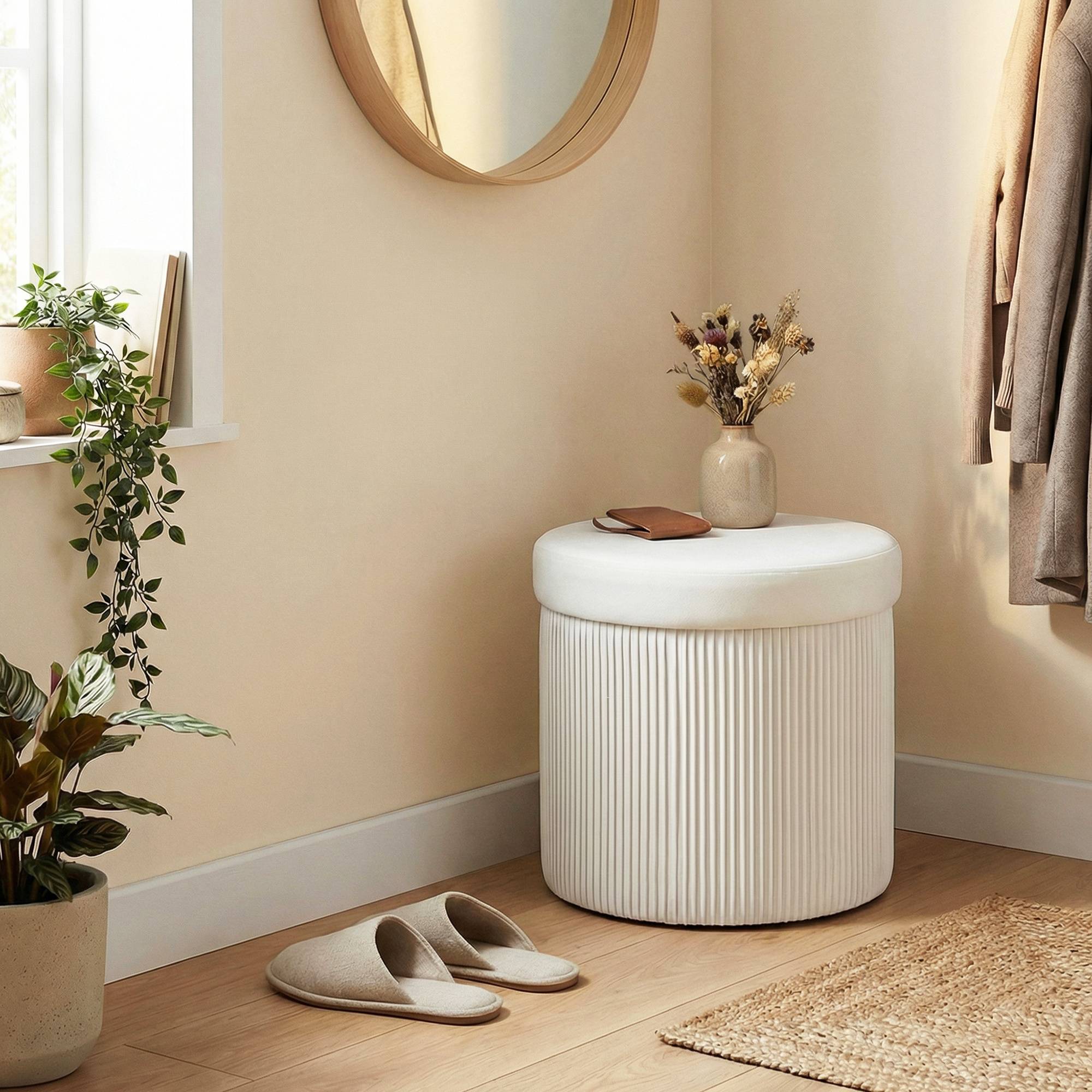 Banc coffre ottoman de rangement, coffre de rangement pliable, 35 L, 38 x 38 x 38 cm, revêtement en velours, coffre de rangement rond crème - Image 4