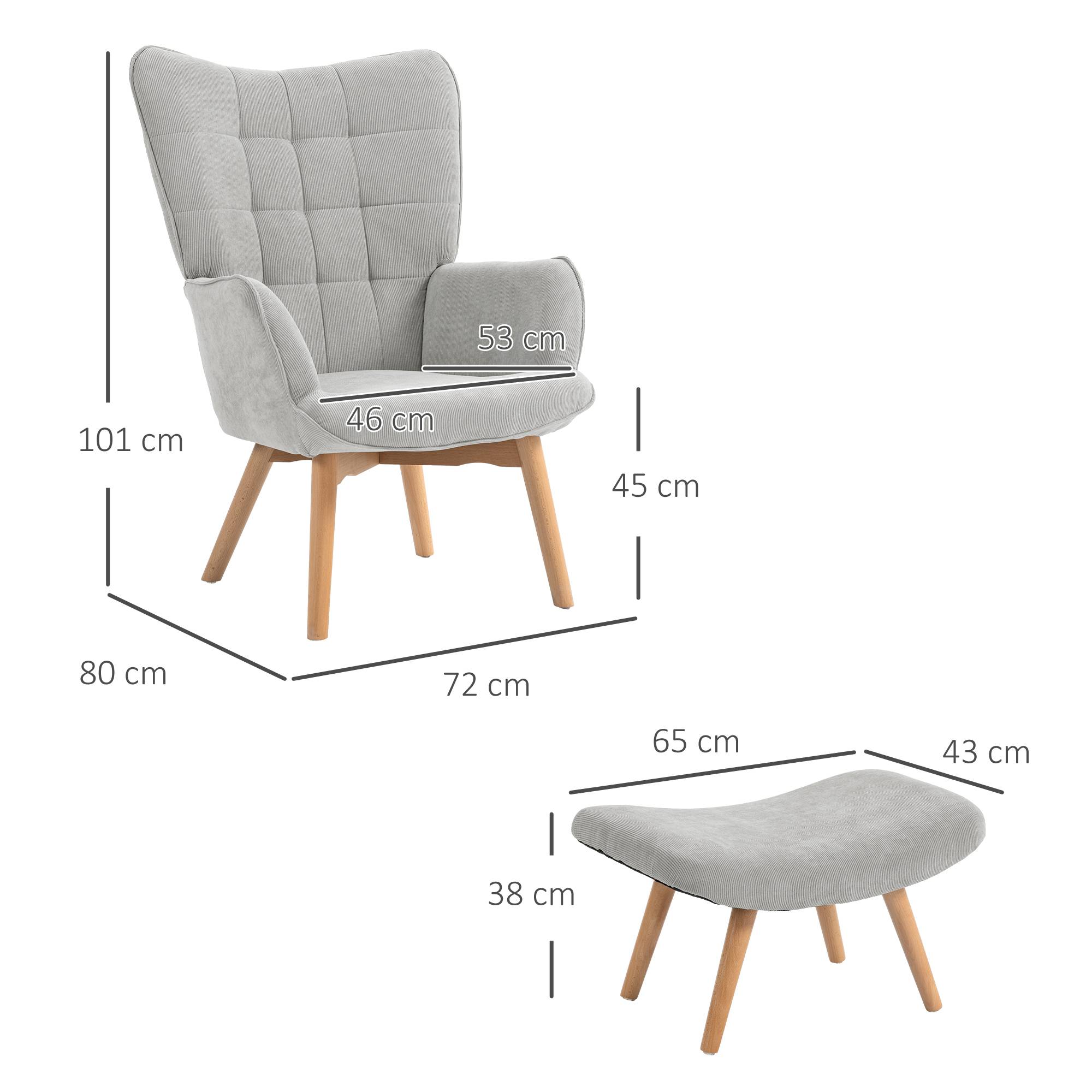 Sans Marque - Fauteuil avec repose pied, dossier haut, pieds en bois et tissu aspect velours côtelé, pour salon chambre à coucher gris - Image 5