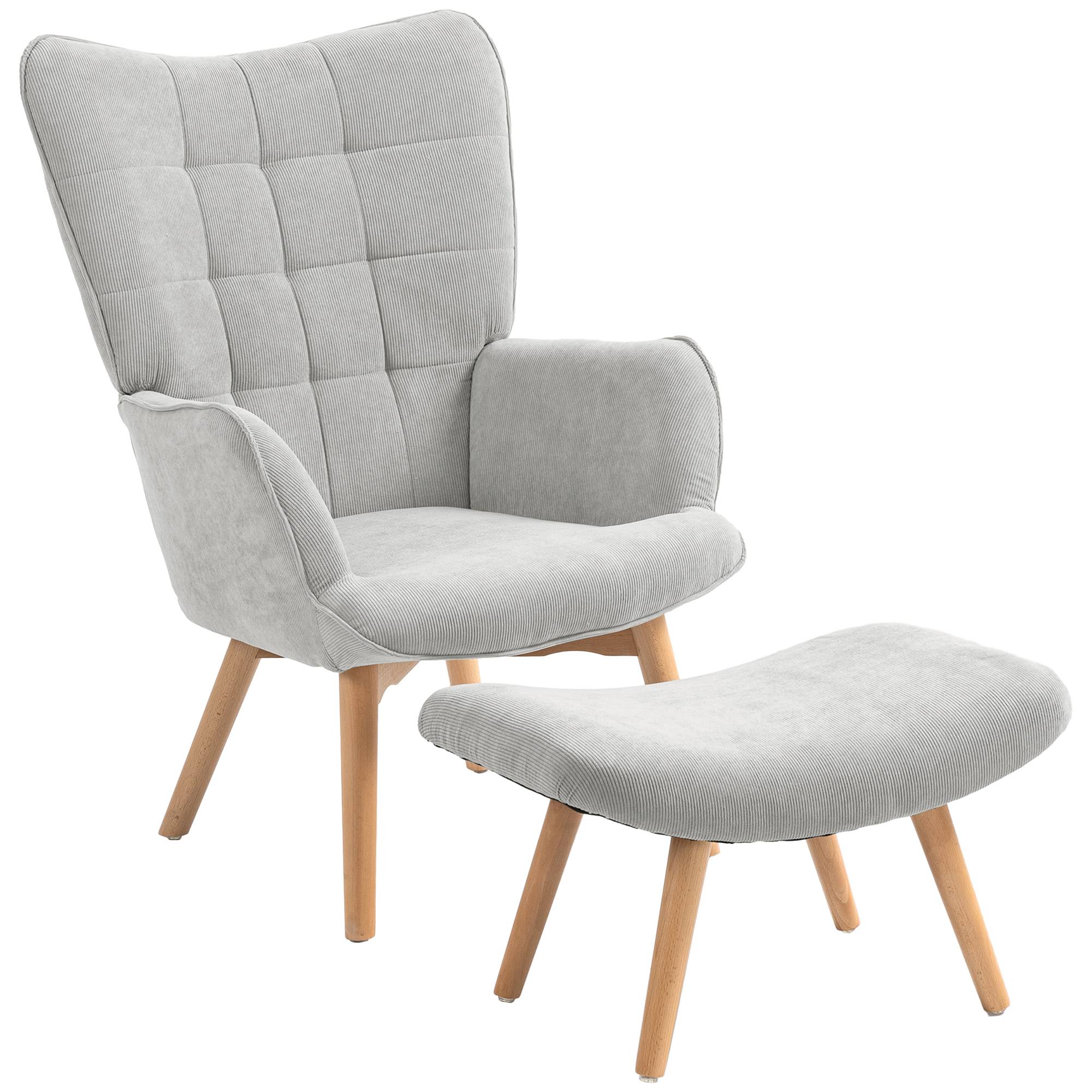 Sans Marque - Fauteuil avec repose pied, dossier haut, pieds en bois et tissu aspect velours côtelé, pour salon chambre à coucher gris - Image 1