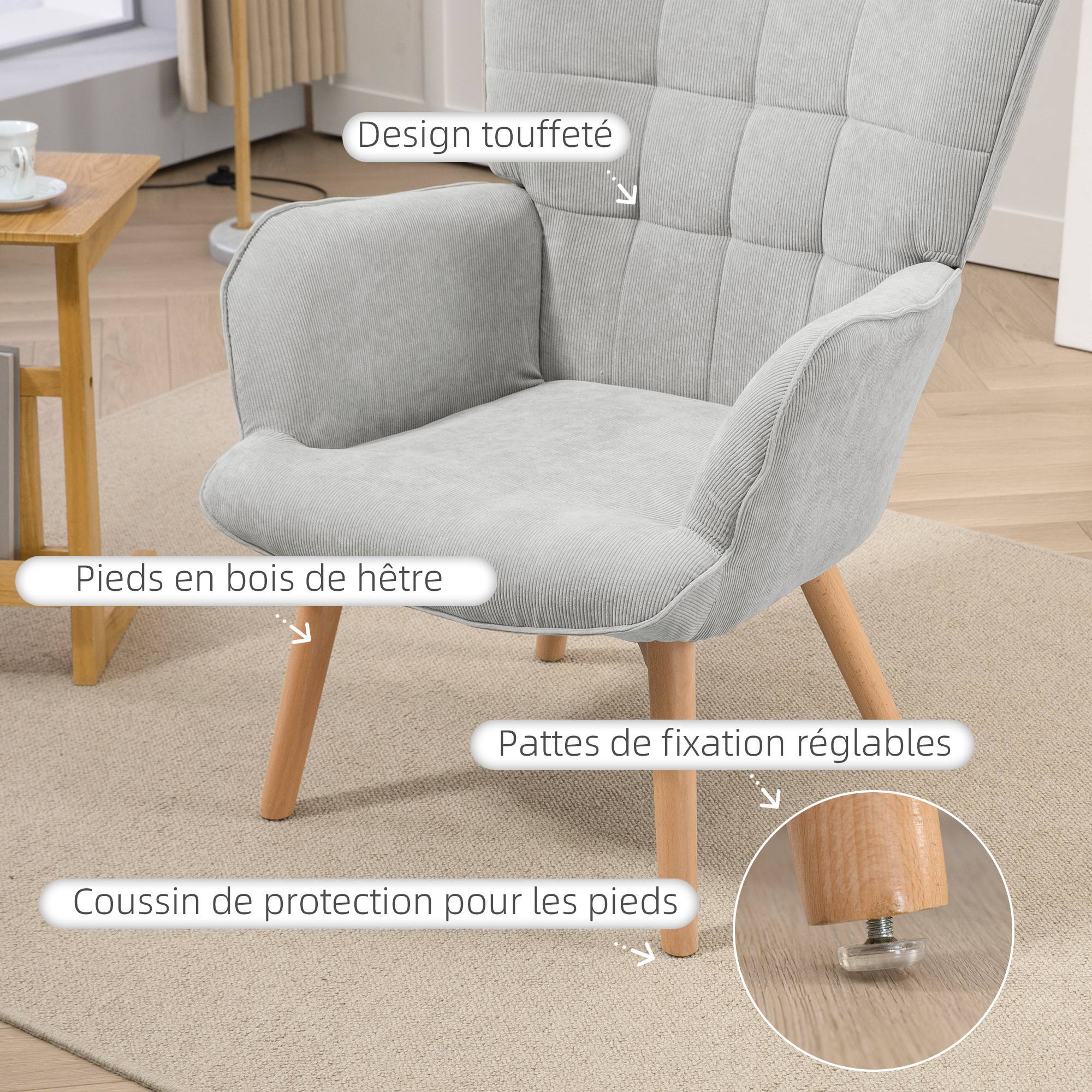 Sans Marque - Fauteuil avec repose pied, dossier haut, pieds en bois et tissu aspect velours côtelé, pour salon chambre à coucher gris - Image 7