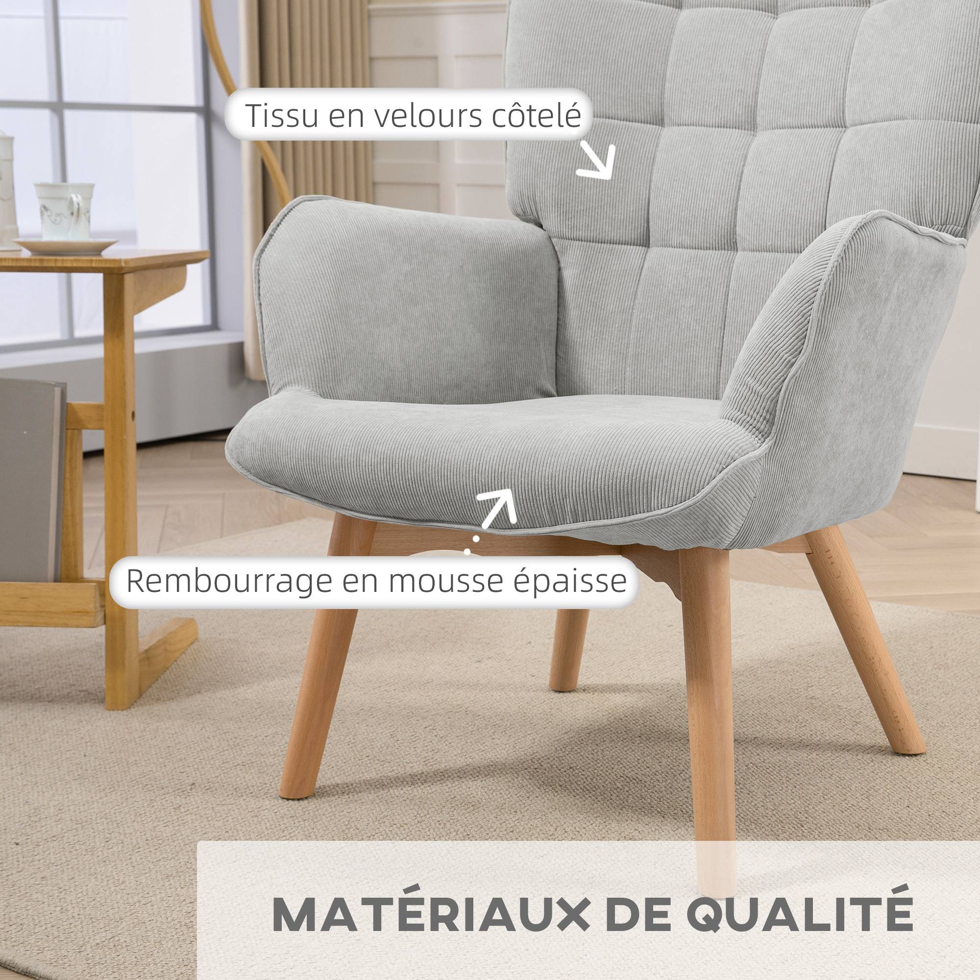 Sans Marque - Fauteuil avec repose pied, dossier haut, pieds en bois et tissu aspect velours côtelé, pour salon chambre à coucher gris - Image 6